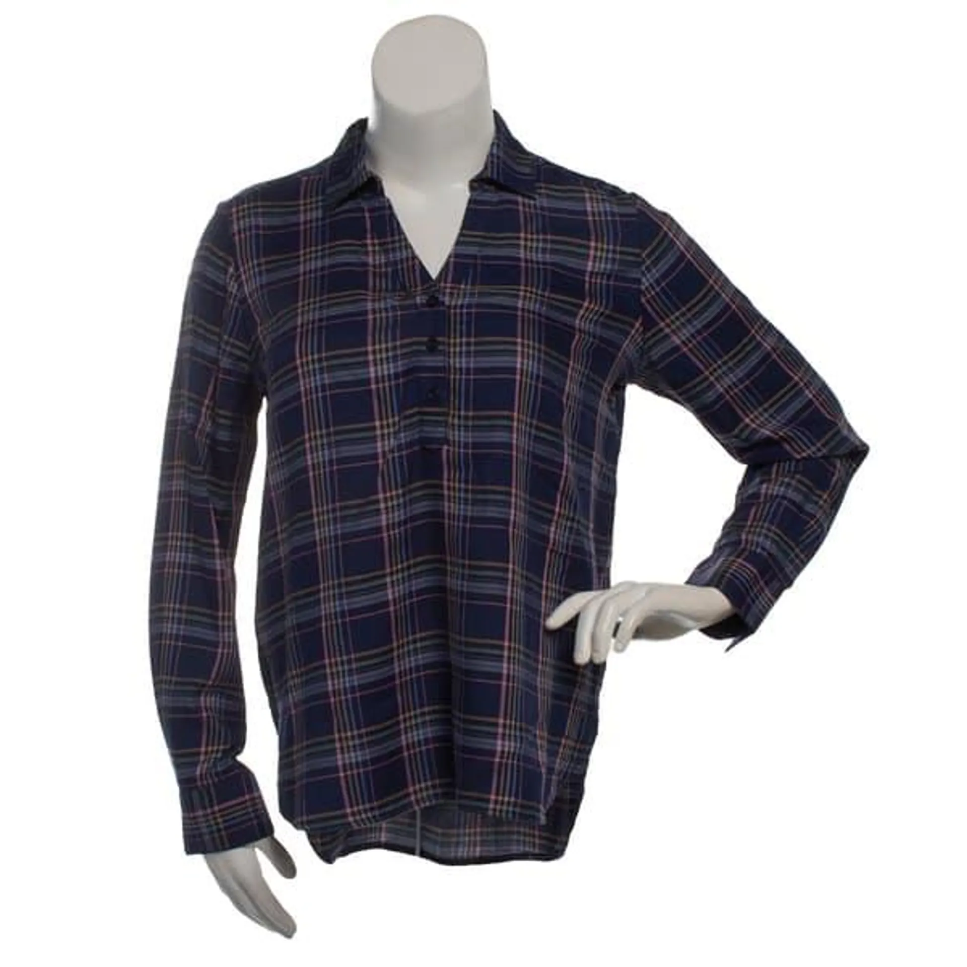 Womens Erika Hope Long Sleeve V-Neck Plaid Henley Blouse-Navy