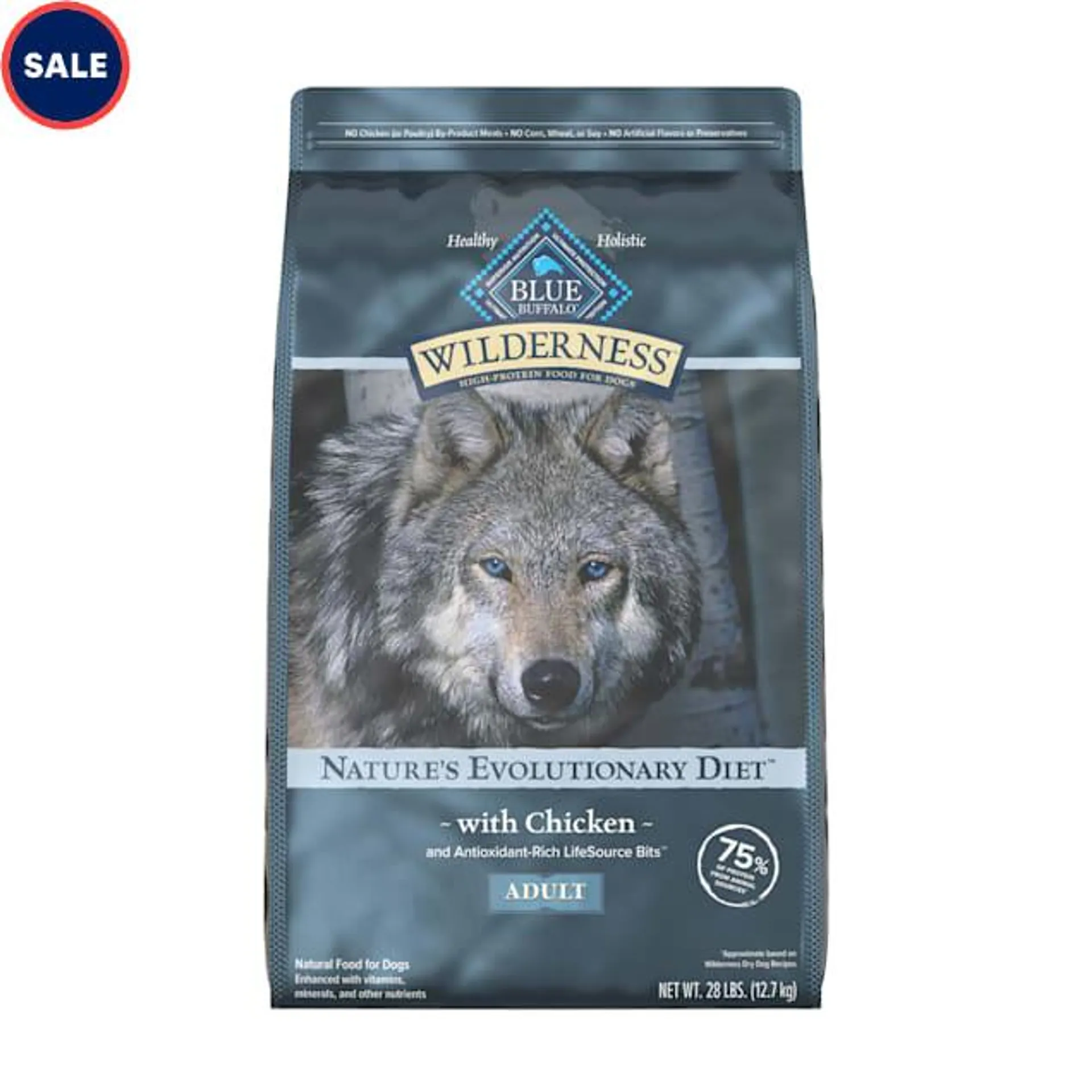 Blue Buffalo Wilderness Natural High-Protein Chicken Recipe Dry Food for Adult Dogs, 28 lbs.