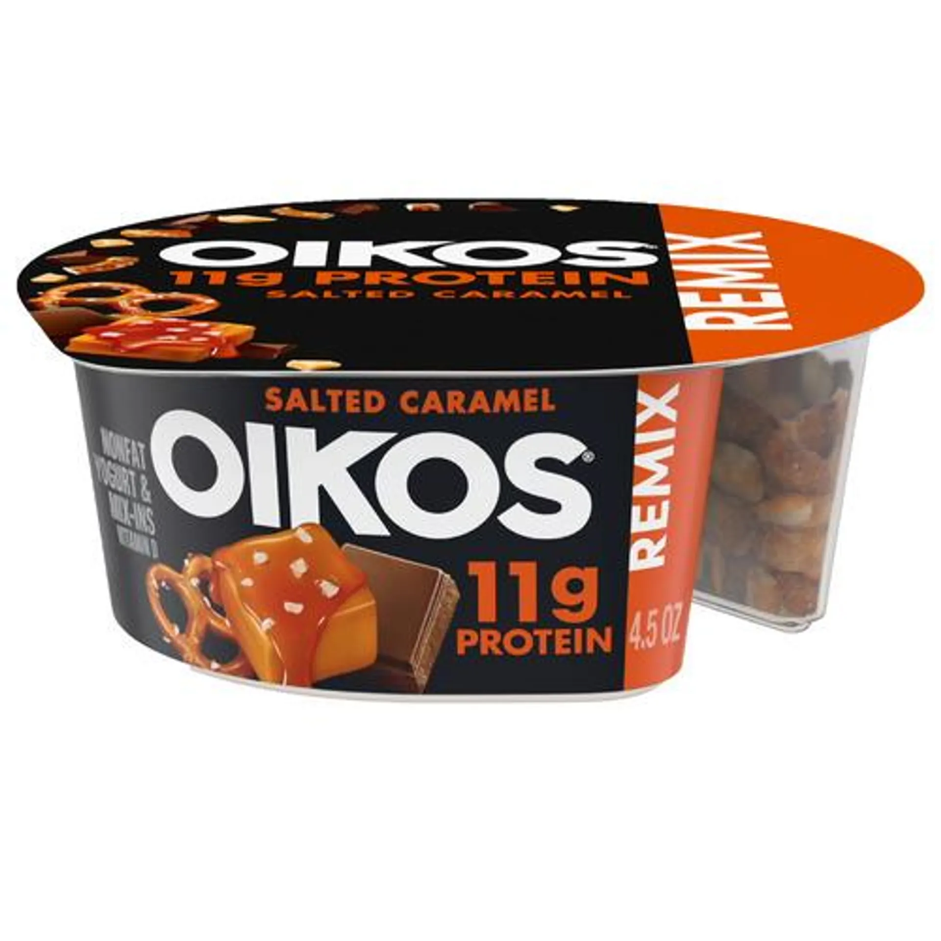 Oikos® yogurt, mix in salted caramel