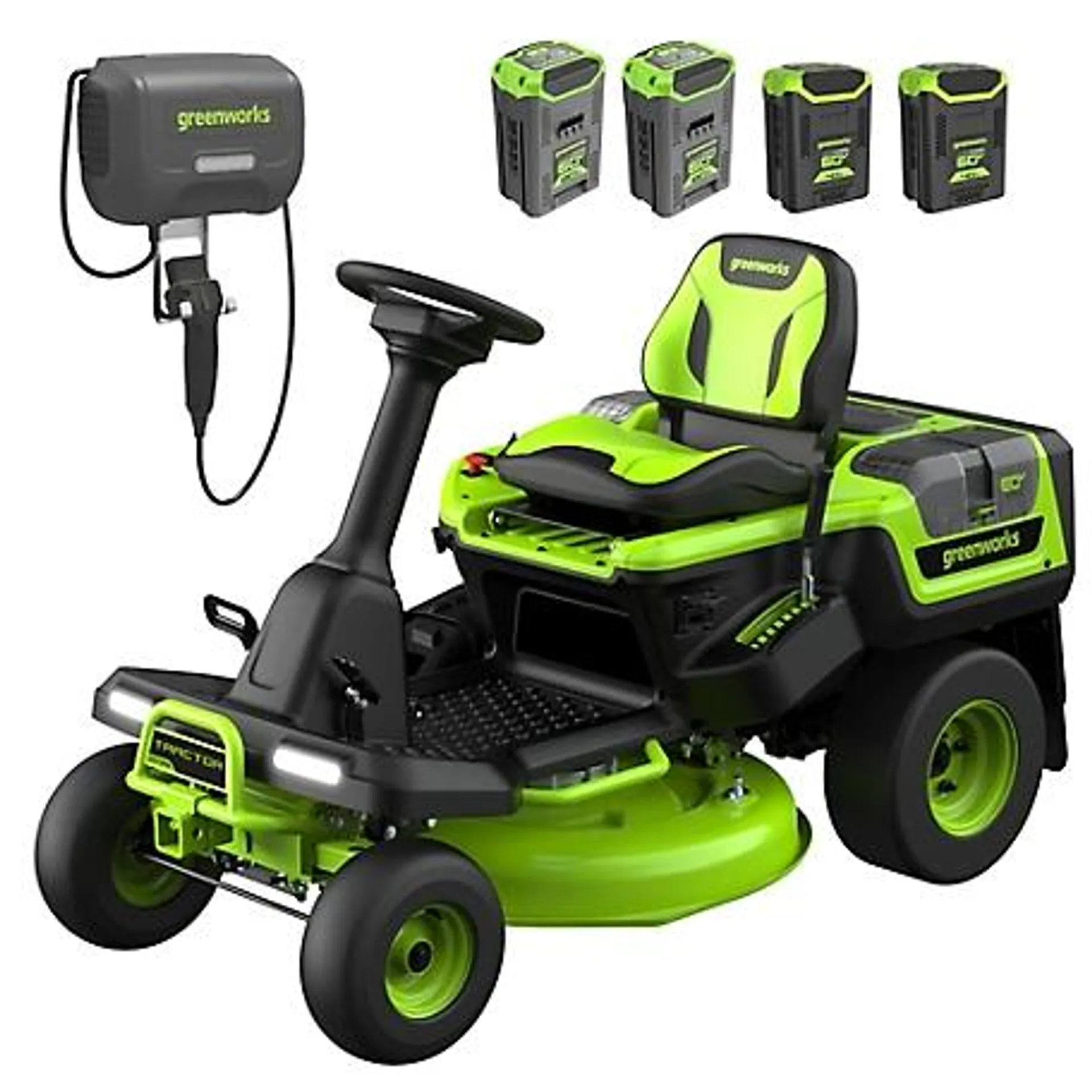 New! Greenworks 60V 30-in. CrossoverT Electric Battery Riding Lawn Mower with (2) 8.0Ah, (2) 4.0Ah Batteries & 600-Watt Charger