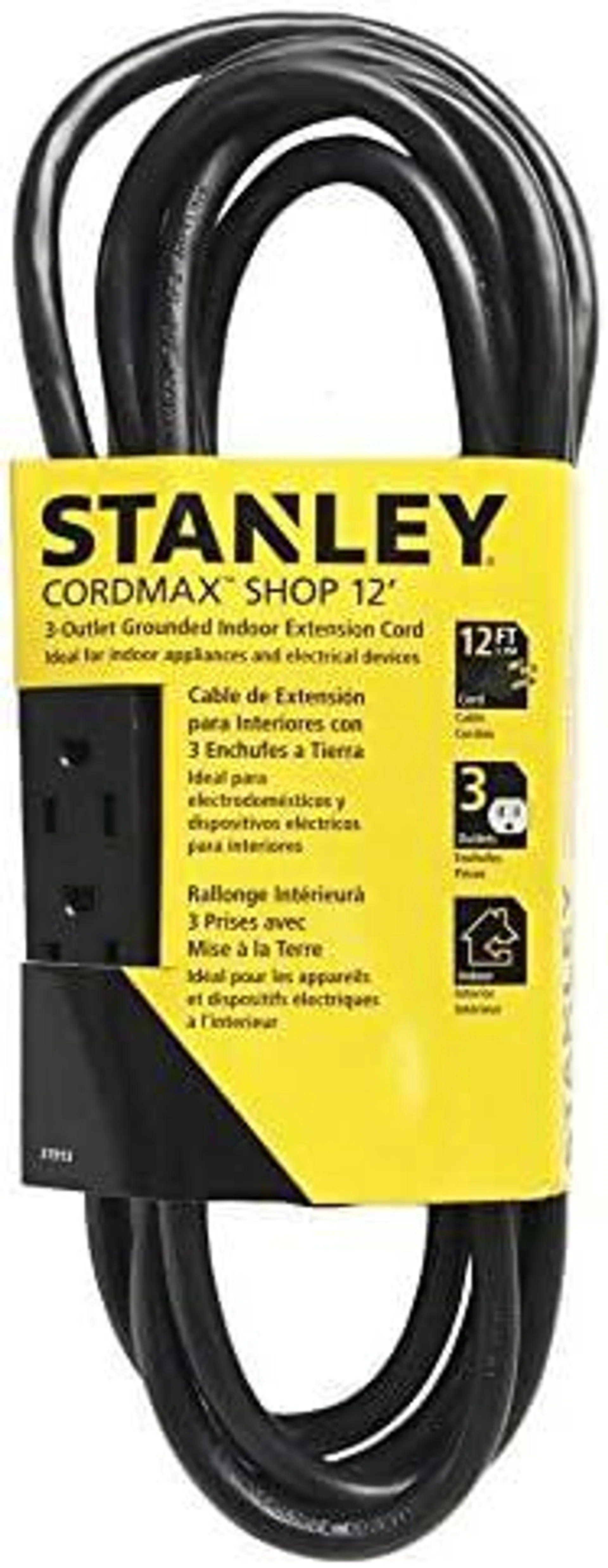 Stanley 31913 NCC31913 CordMAX 3-Outlet Shop Extension Cord, 12 Feet, Black