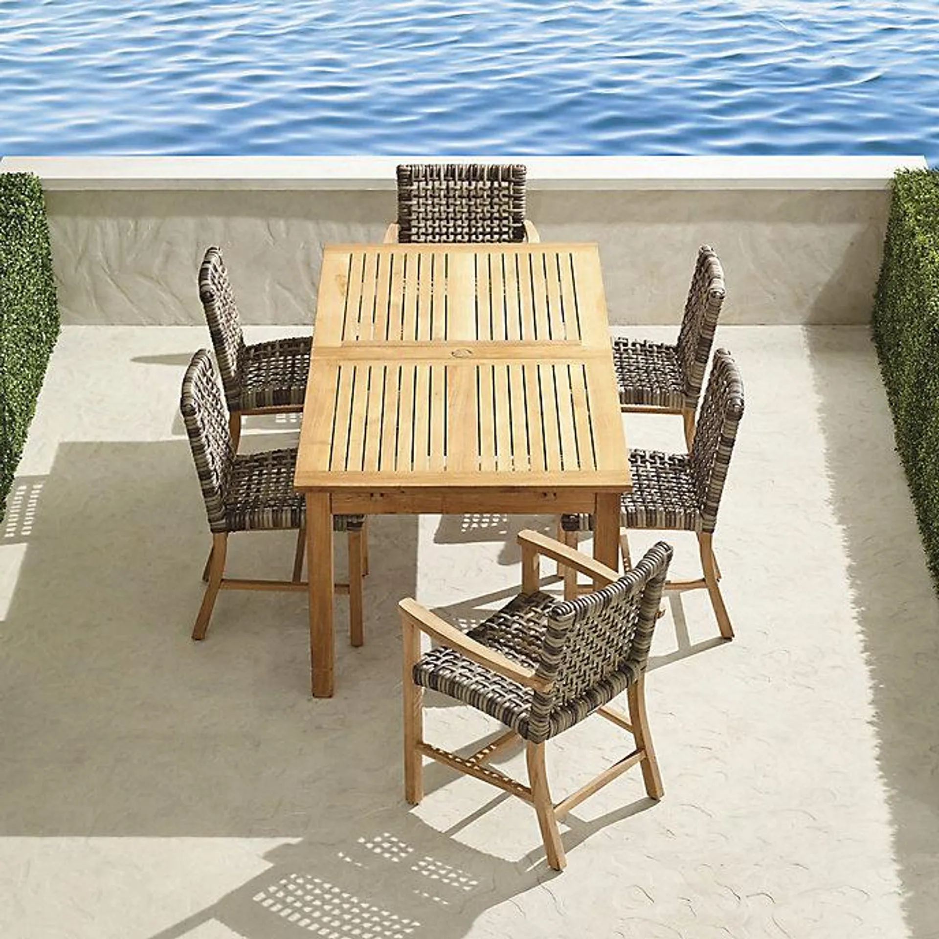 Isola 7-pc. Rectangular Dining Set in Natural Teak & Driftwood Wicker