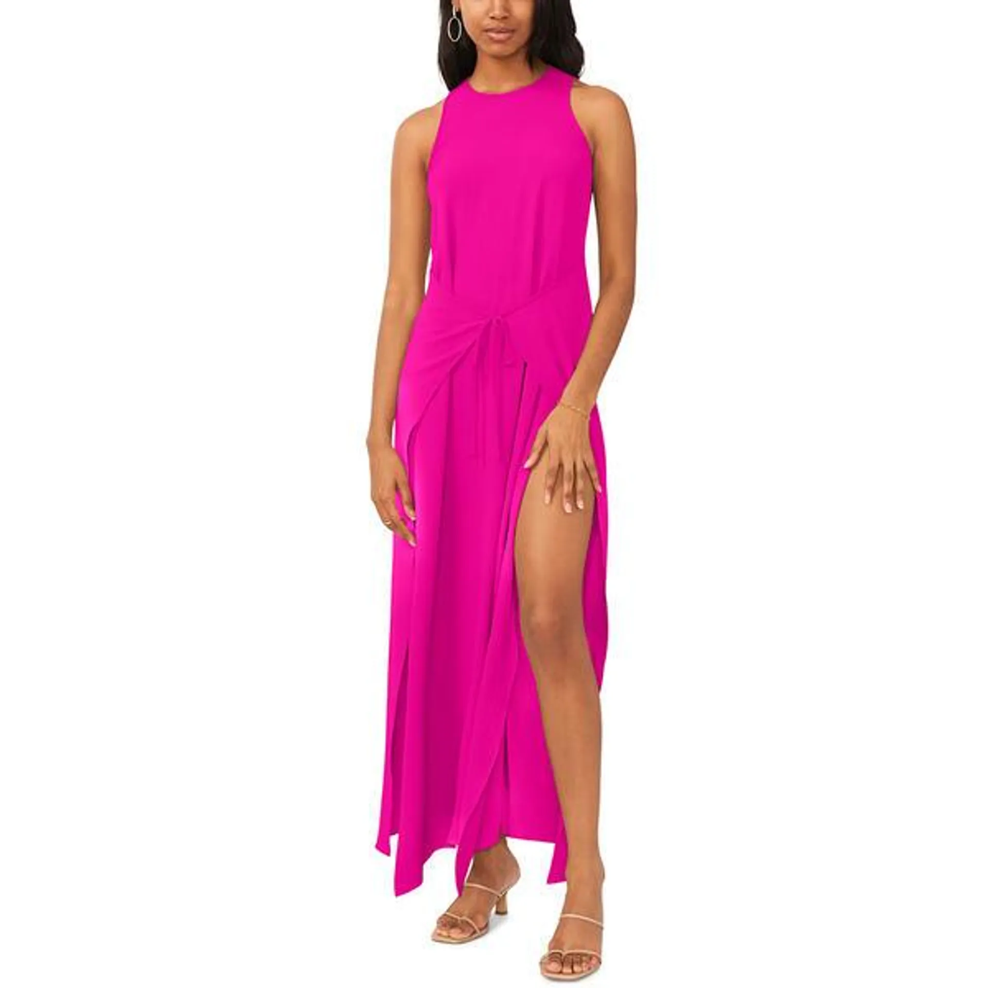 Womens MSK Solid Sleeveless Front Crew Neck Twill Wrap Maxi Dress