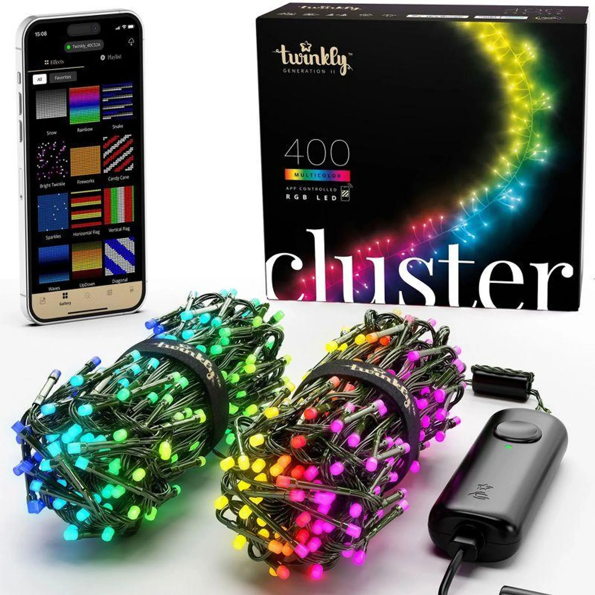 Twinkly Cluster App-Controlled LED Christmas Lights 400 RGB (16 Million Colors) 19.7 feet Green Wire Indoor/Outdoor Smart Lighting Decoration (2 Pack)