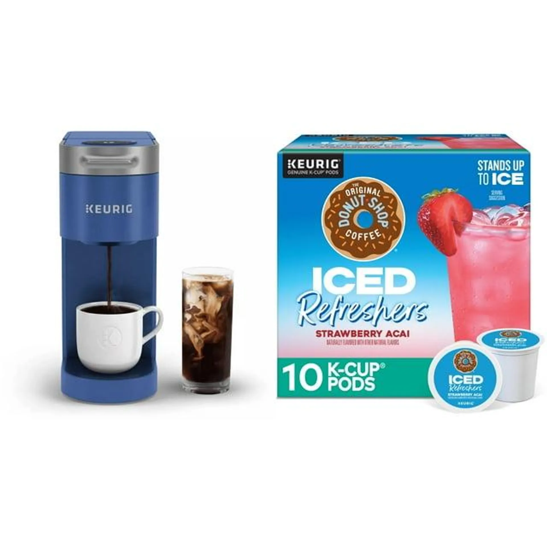 Keurig K-Slim + ICED Single-Serve Coffee Maker, Blue with Iced Refreshers Strawberry Acai Flavor K-Cup Pods, 10 Count