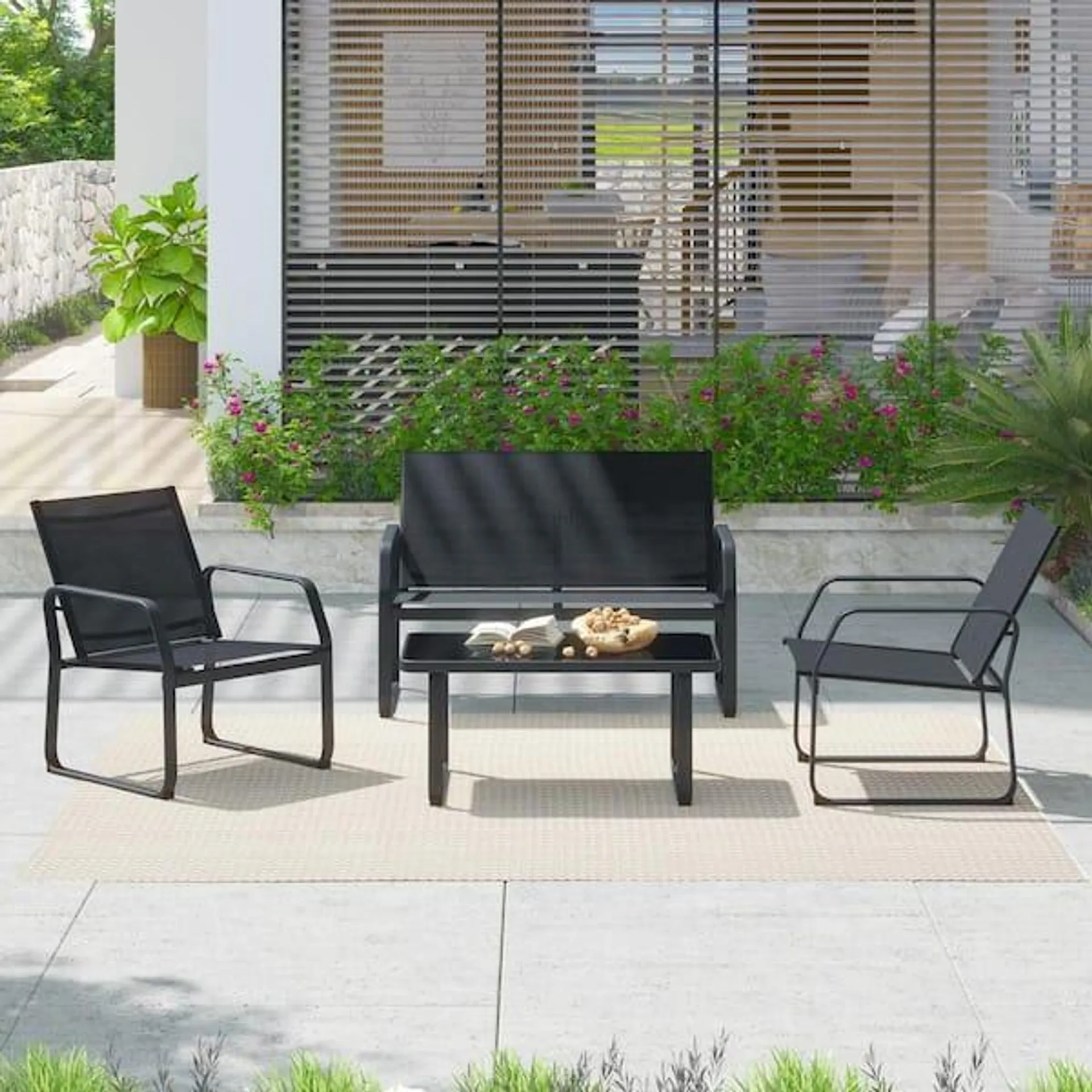 Yorkdale Black 4-Piece Outdoor Sling Fabric Patio Conversation Set