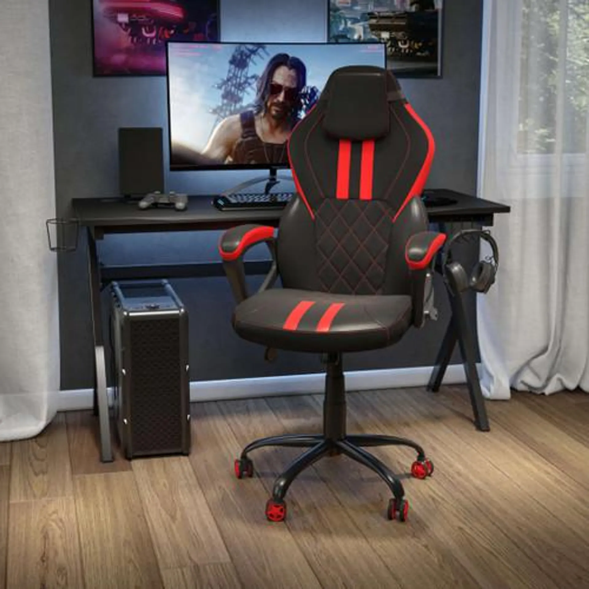 Ergonomic Office Computer Chair - Adjustable Black and Red Designer Gaming Chair - 360° Swivel - Red Dual Wheel Casters