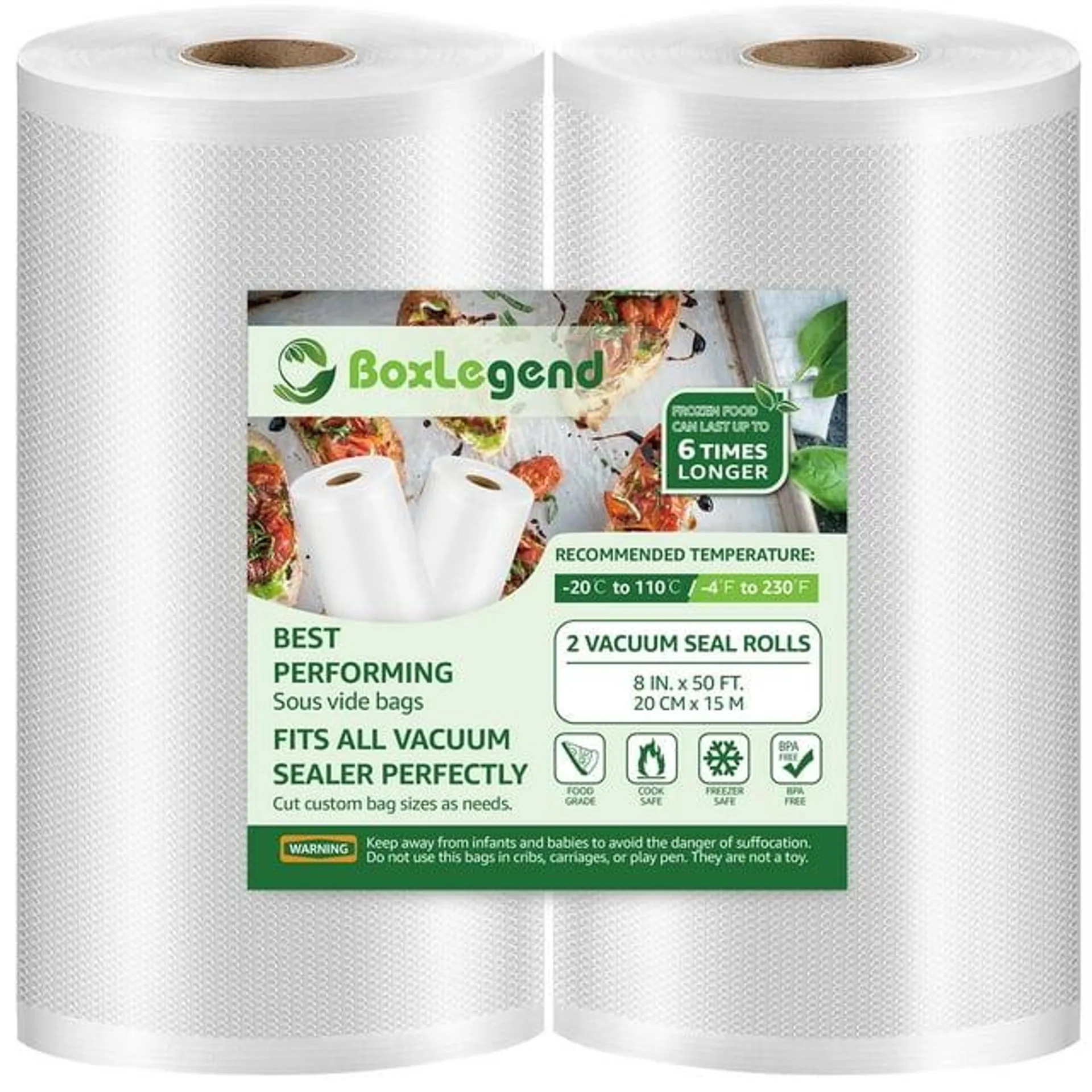 BoxLegend 8''x50' Vacuum Sealer Bags for Freezer, Food Saver Vacuum Heat-Seal Rolls Food Storage Bags, Clear