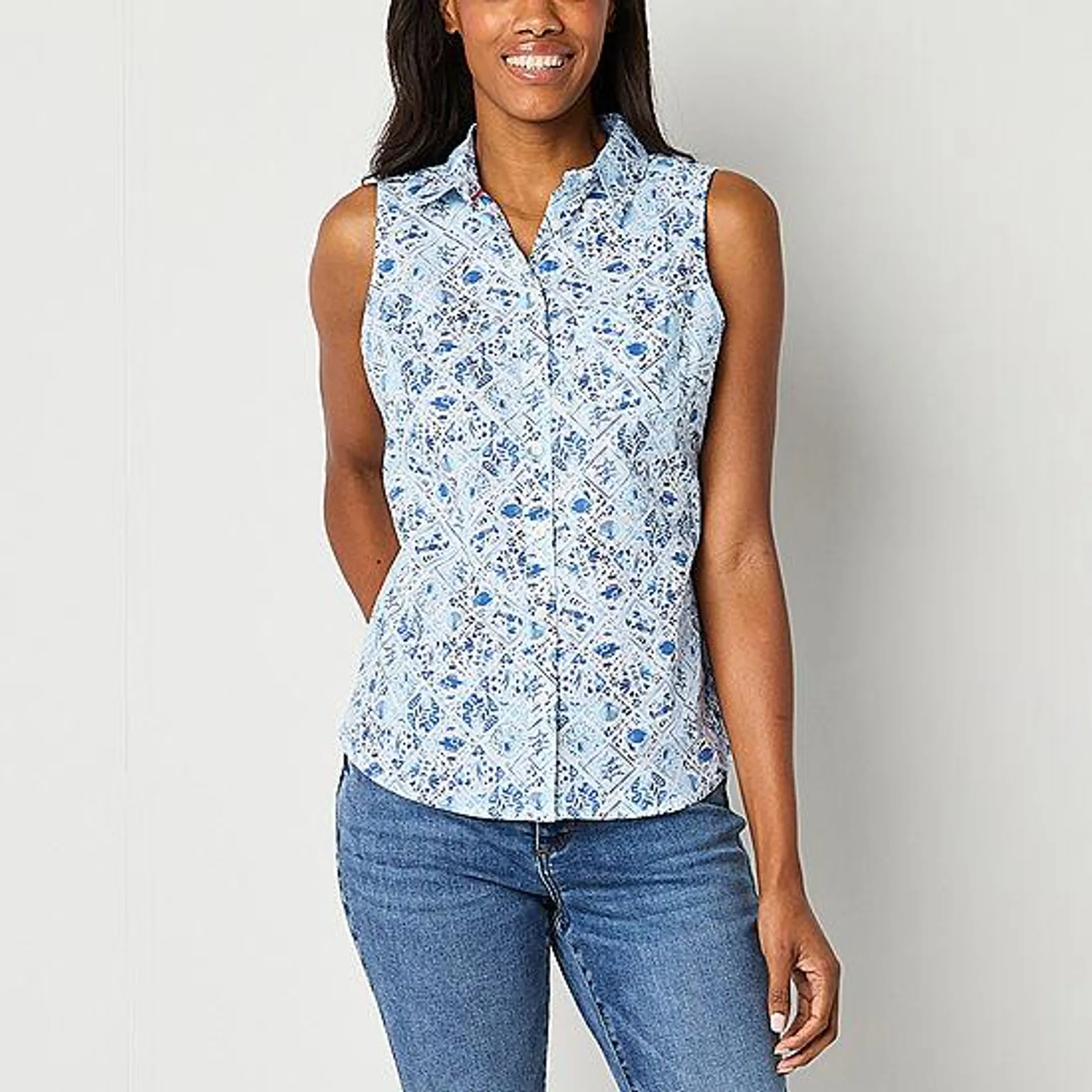 St. John's Bay Womens Sleeveless Regular Fit Button-Down Shirt