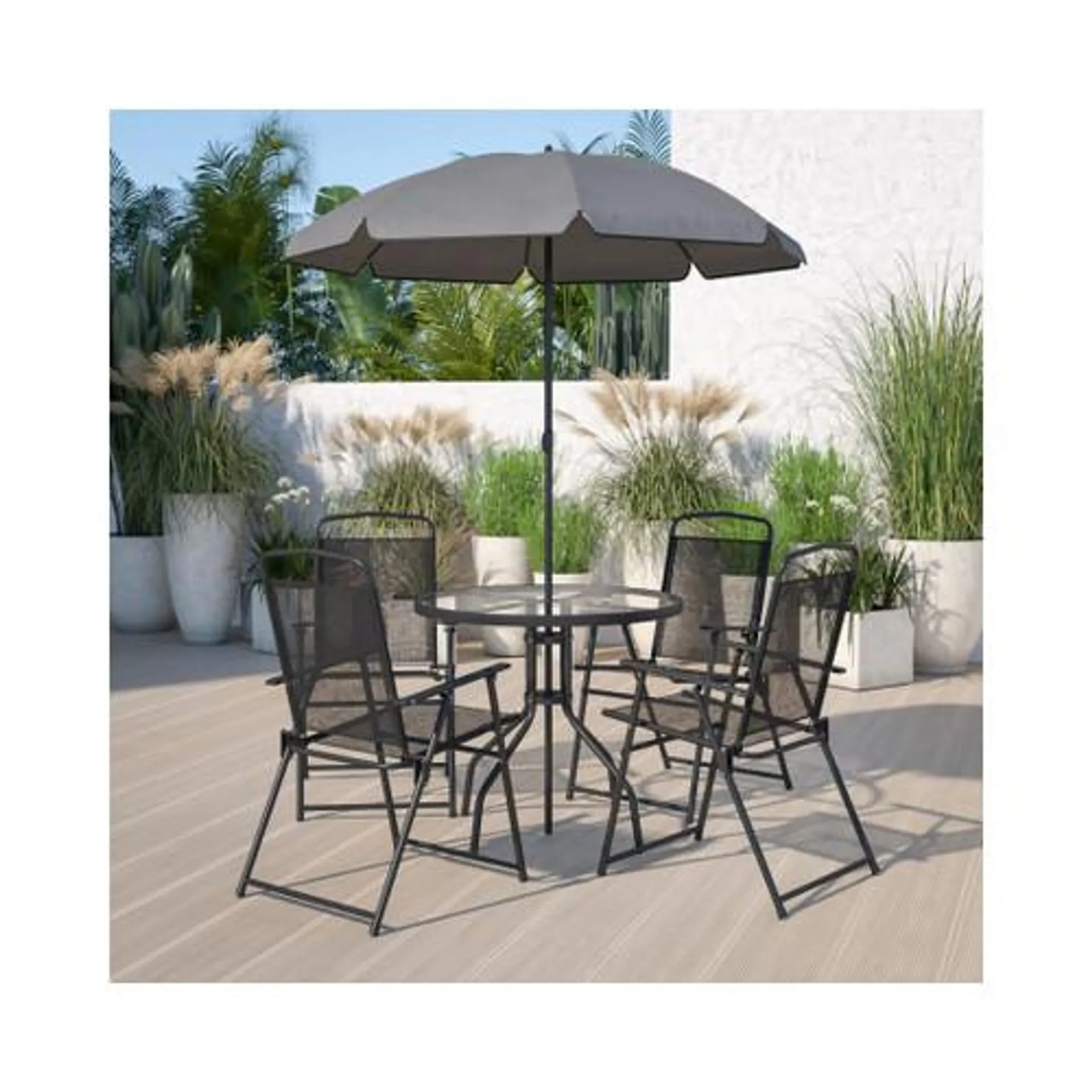 Nantucket 6 Piece Black Patio Garden Set with Umbrella Table and Set of 4 Folding Chairs