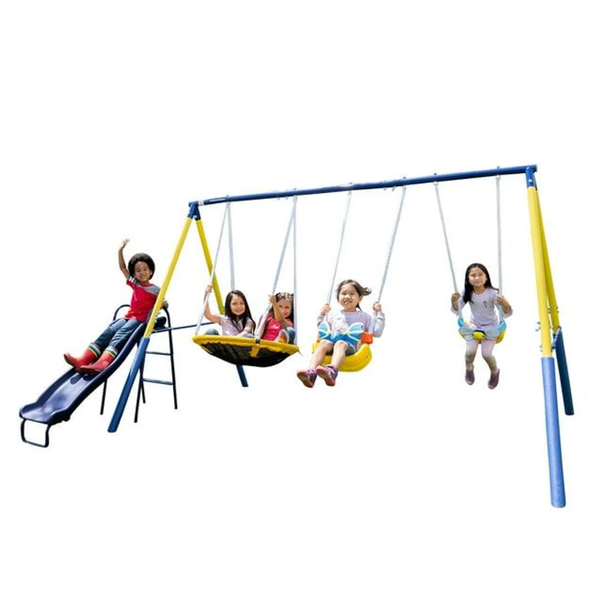 Sportspower Super Flyer Swing Set with 2 Flying Buddies, Saucer Swing, 2 Swings, and Lifetime Warranty on Blow Molded Slide