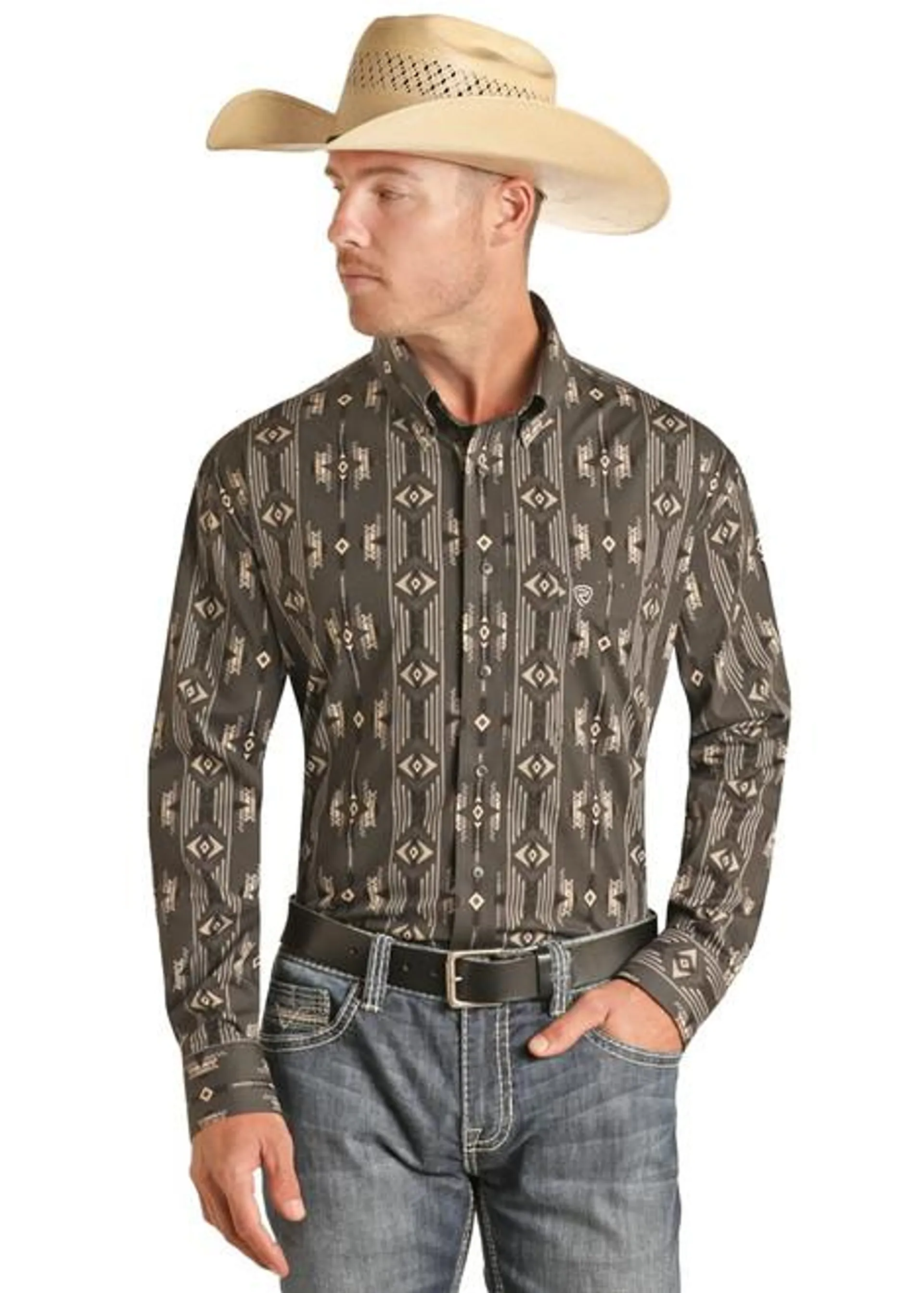 Rock & Roll Denim Mens Black and Tan Aztec Print Long Sleeve Western Shirt