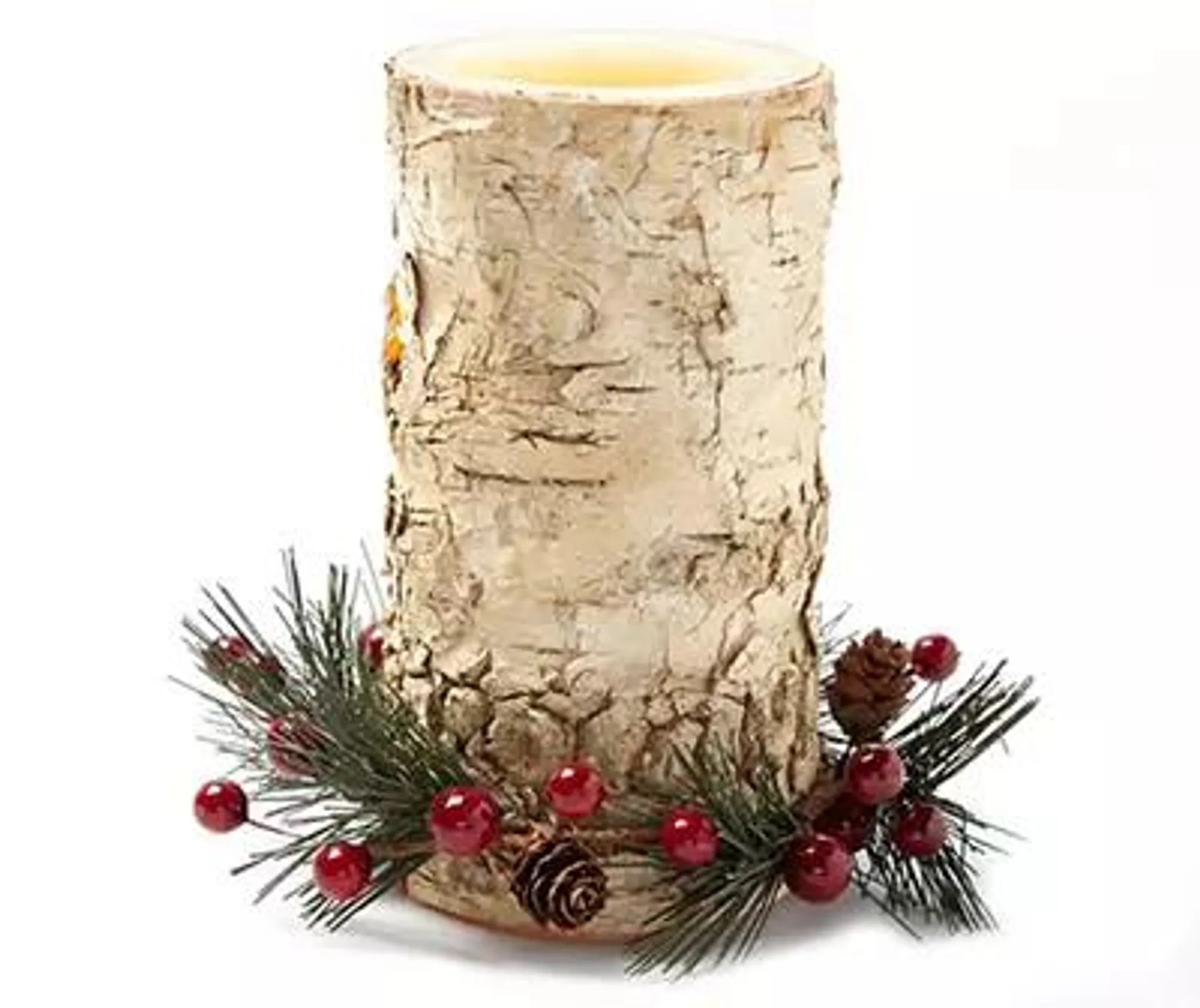 Off-White Birch LED Pillar Candle With Berry Ring