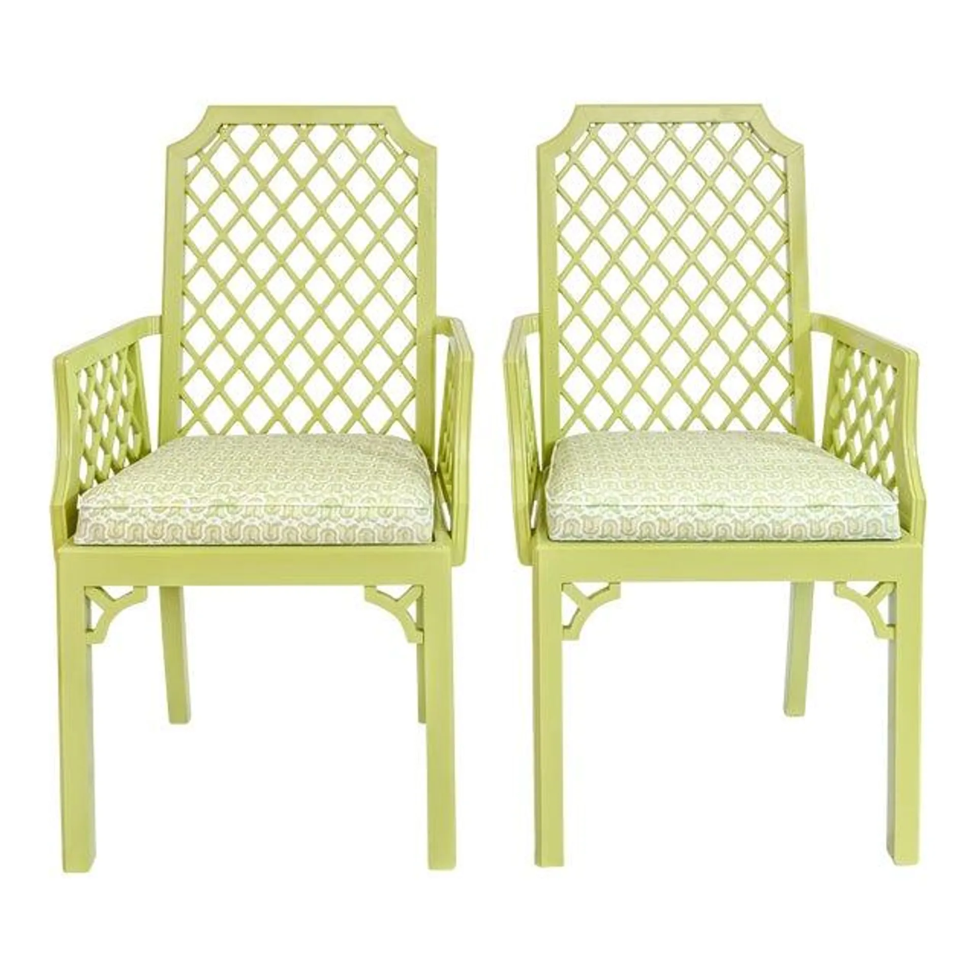 Set of 2 Green Lattice Detailed Chairs With Palm Orleans Tulipes De Marche in Garden District Fabric