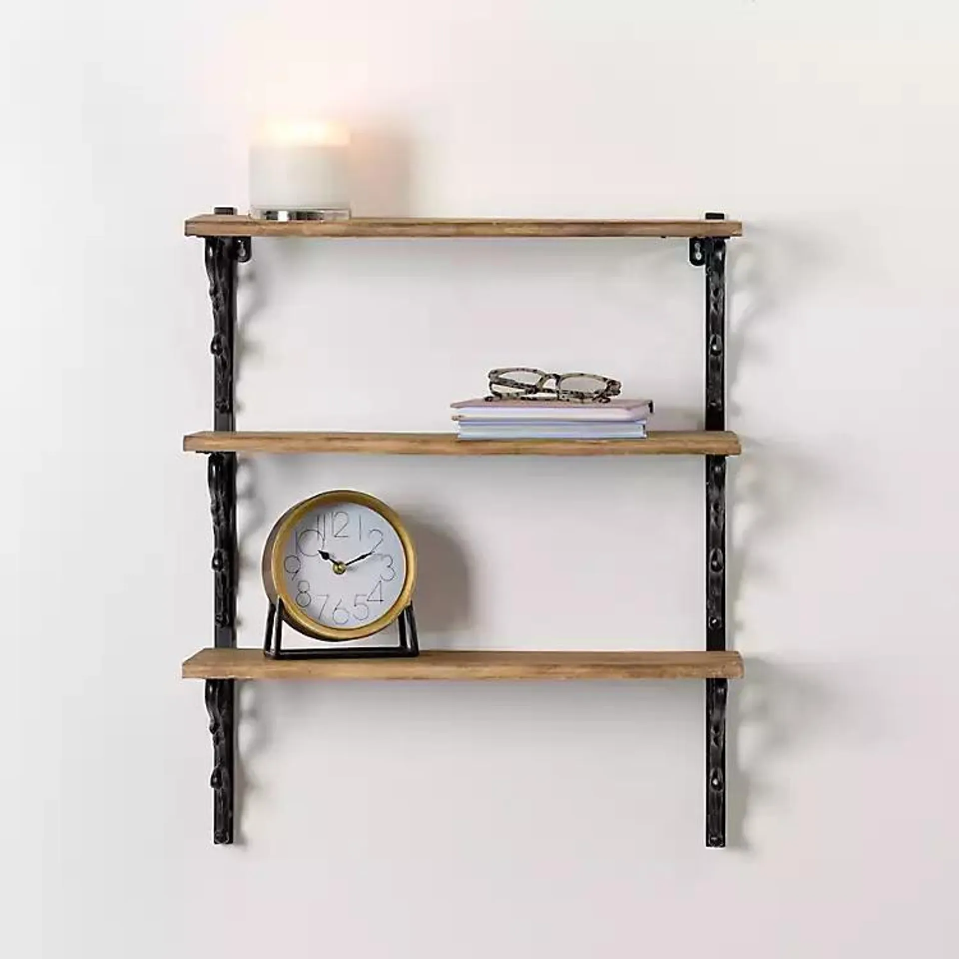 Wood and Iron Scroll 3-Tier Wall Shelf