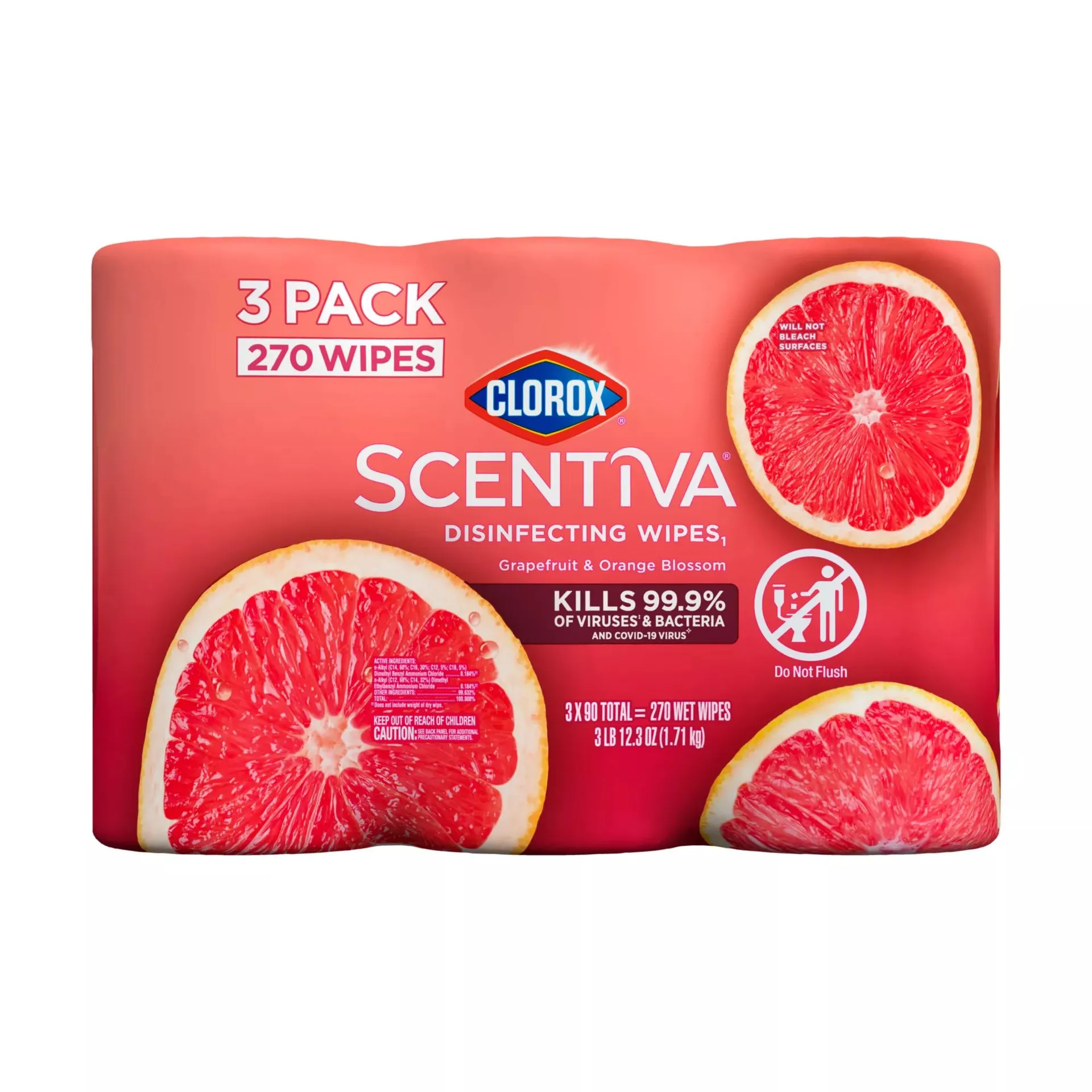 Clorox Scentiva Bleach-Free Wipes, Grapefruit & Orange Blossom, 90 ct./3 pk.