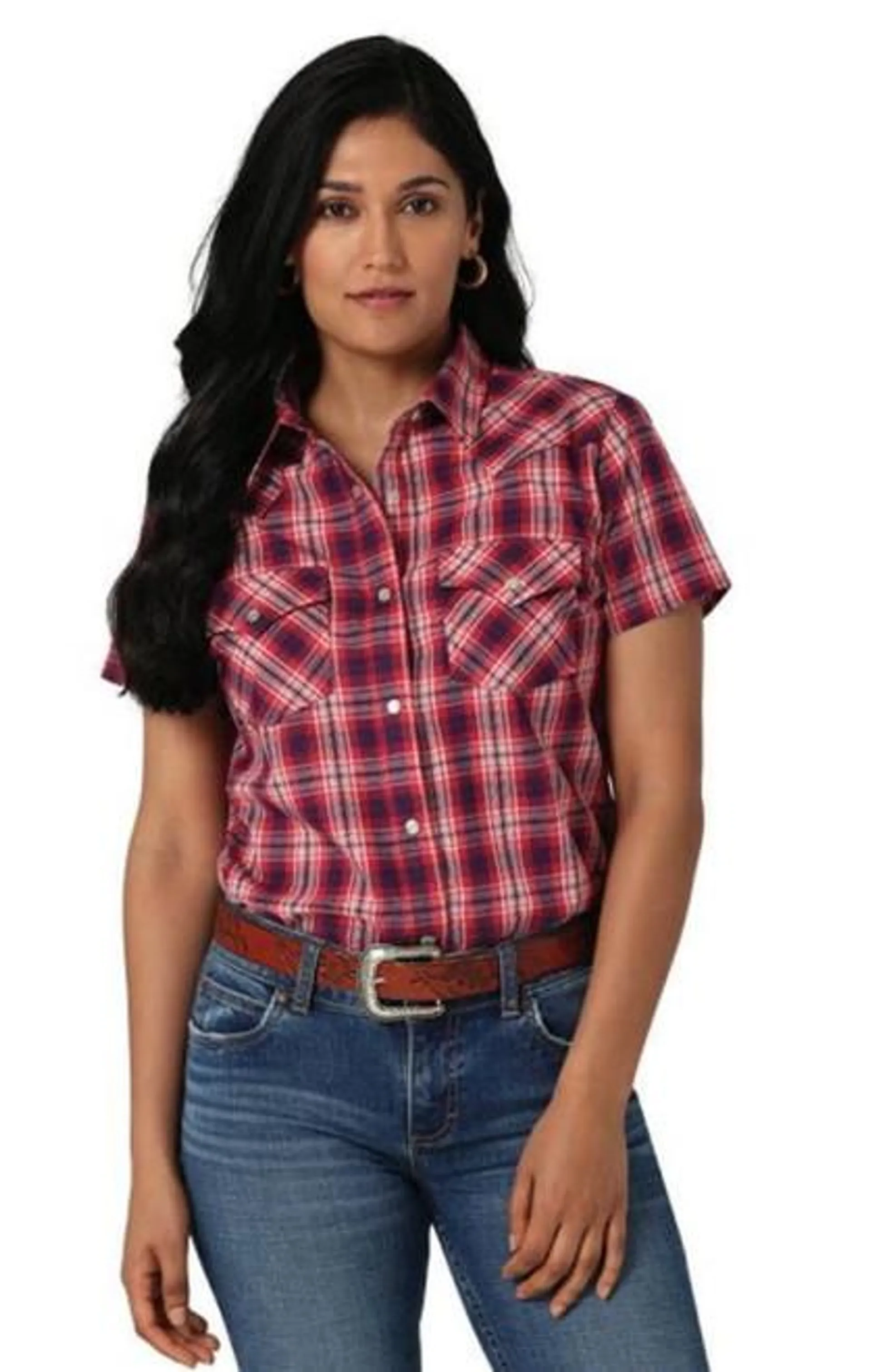 Wrangler Womens Essential Short Sleeve Plaid Western Snap Shirt In Red