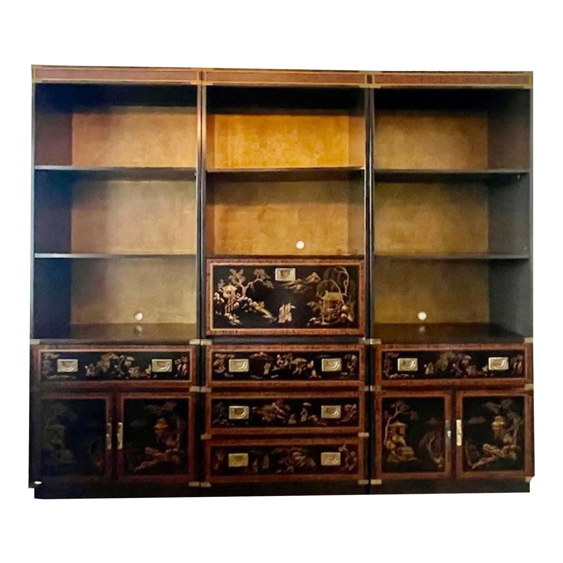1970s Chinoiserie Drexel Heritage Black and Brass 3 Piece Bookshelves