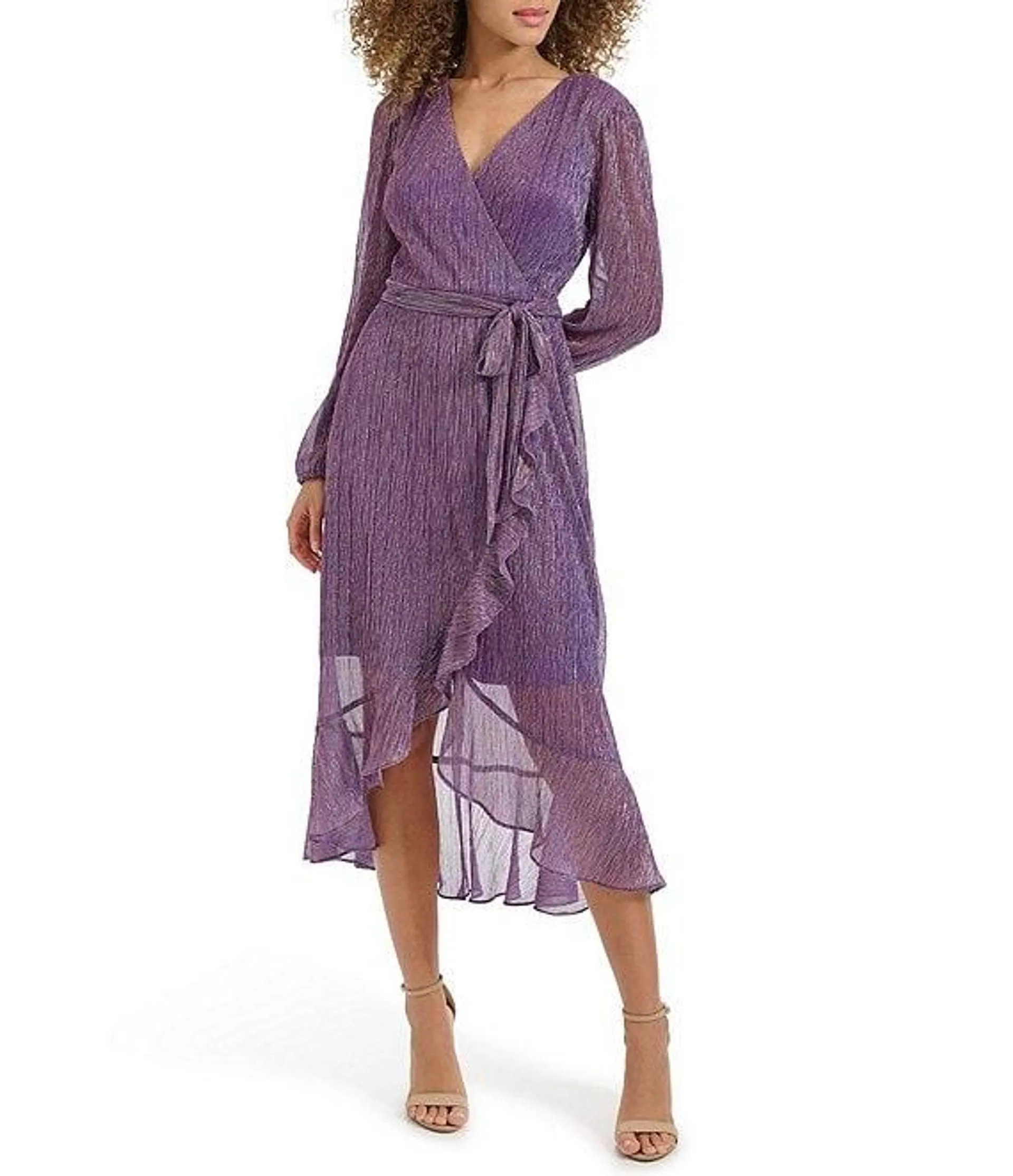 Metallic Faux Wrap Long Sleeve Crinkle Knit Sheer Overlay Surplice V-Neck Ruffle Hem Midi Dress