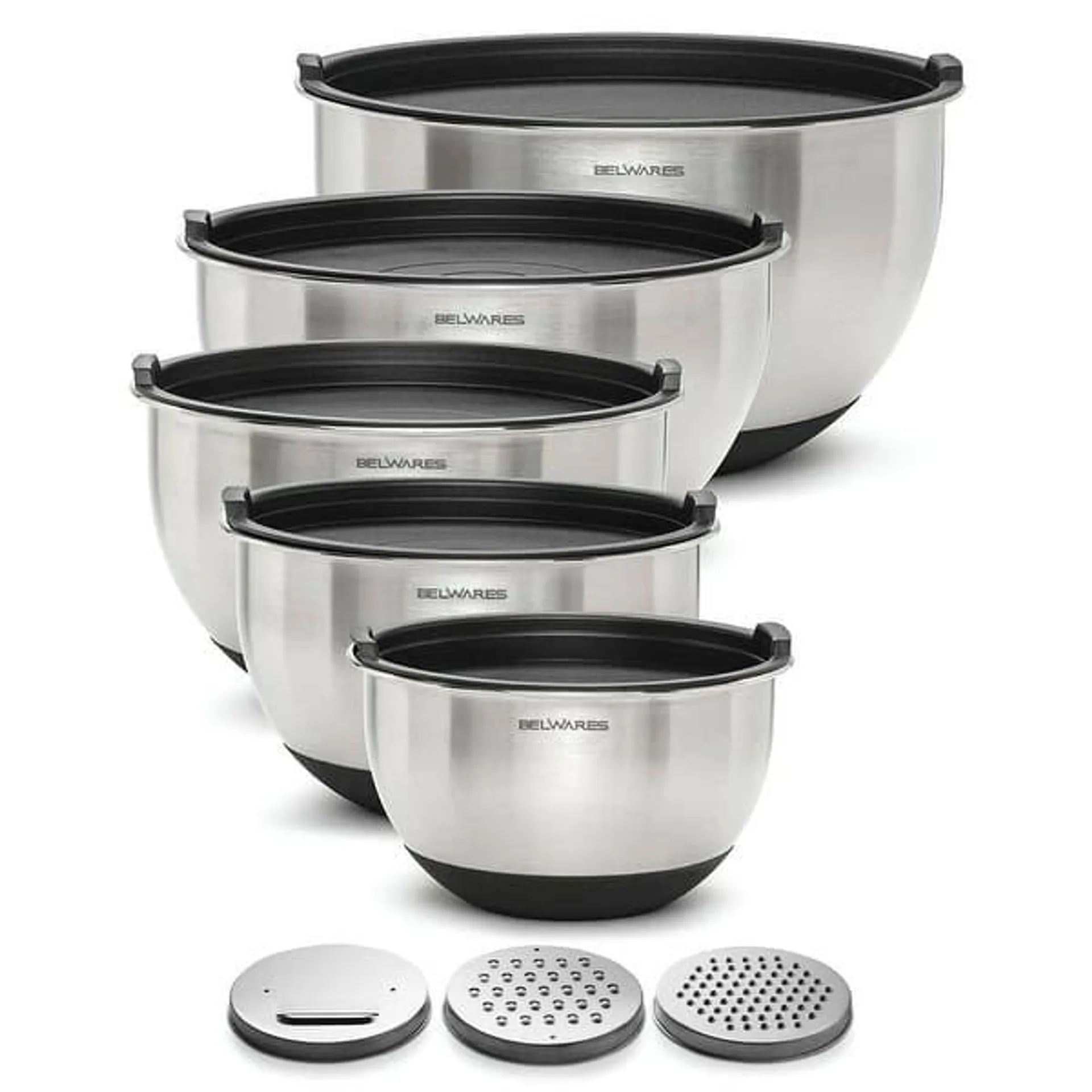 Mixing Bowls with Lids Set - Nesting Bowls with Airtight Lids + Graters - Stainless Steel Non-Slip Mixing Bowls (5-Piece Set)