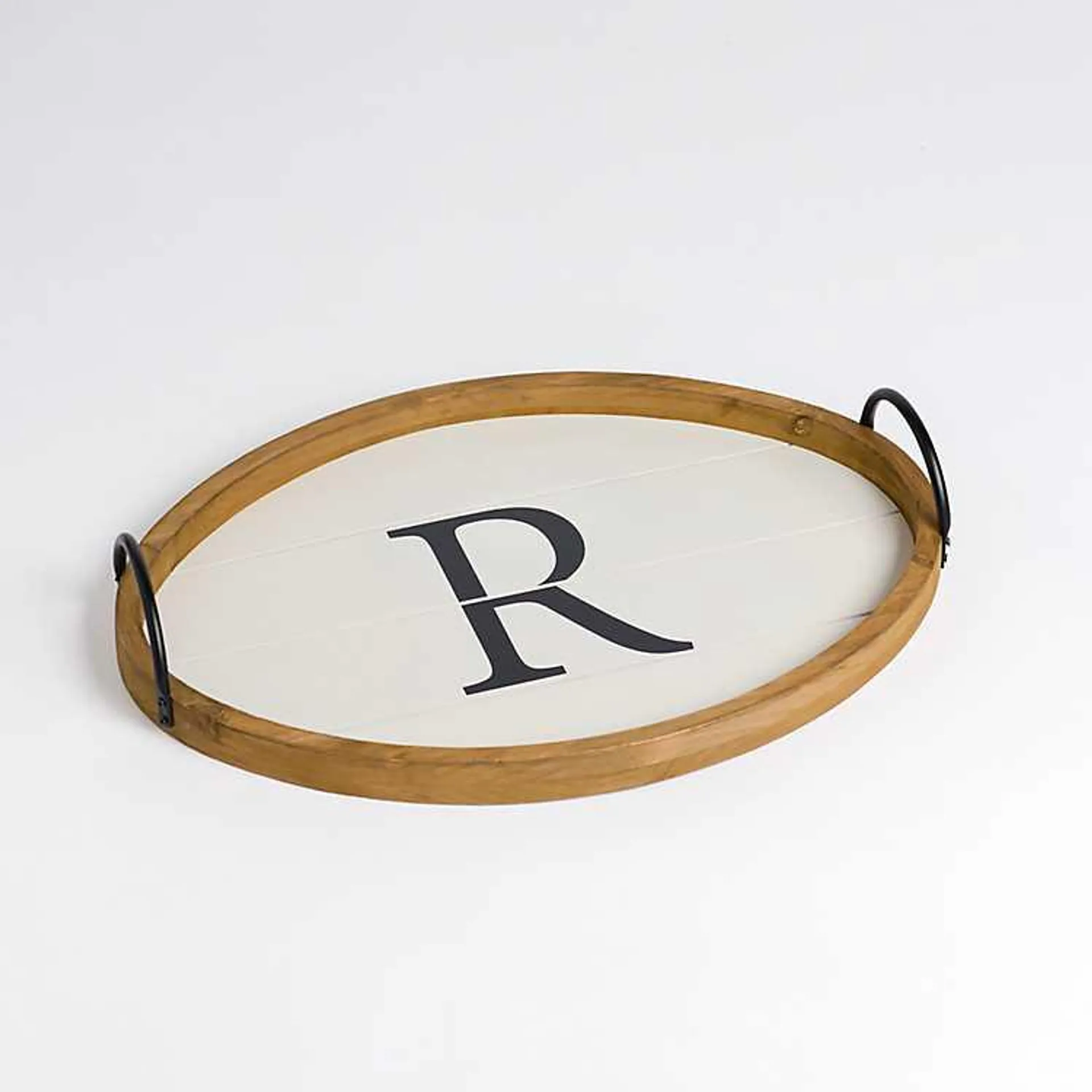 Oval White Wood Monogram R Tray