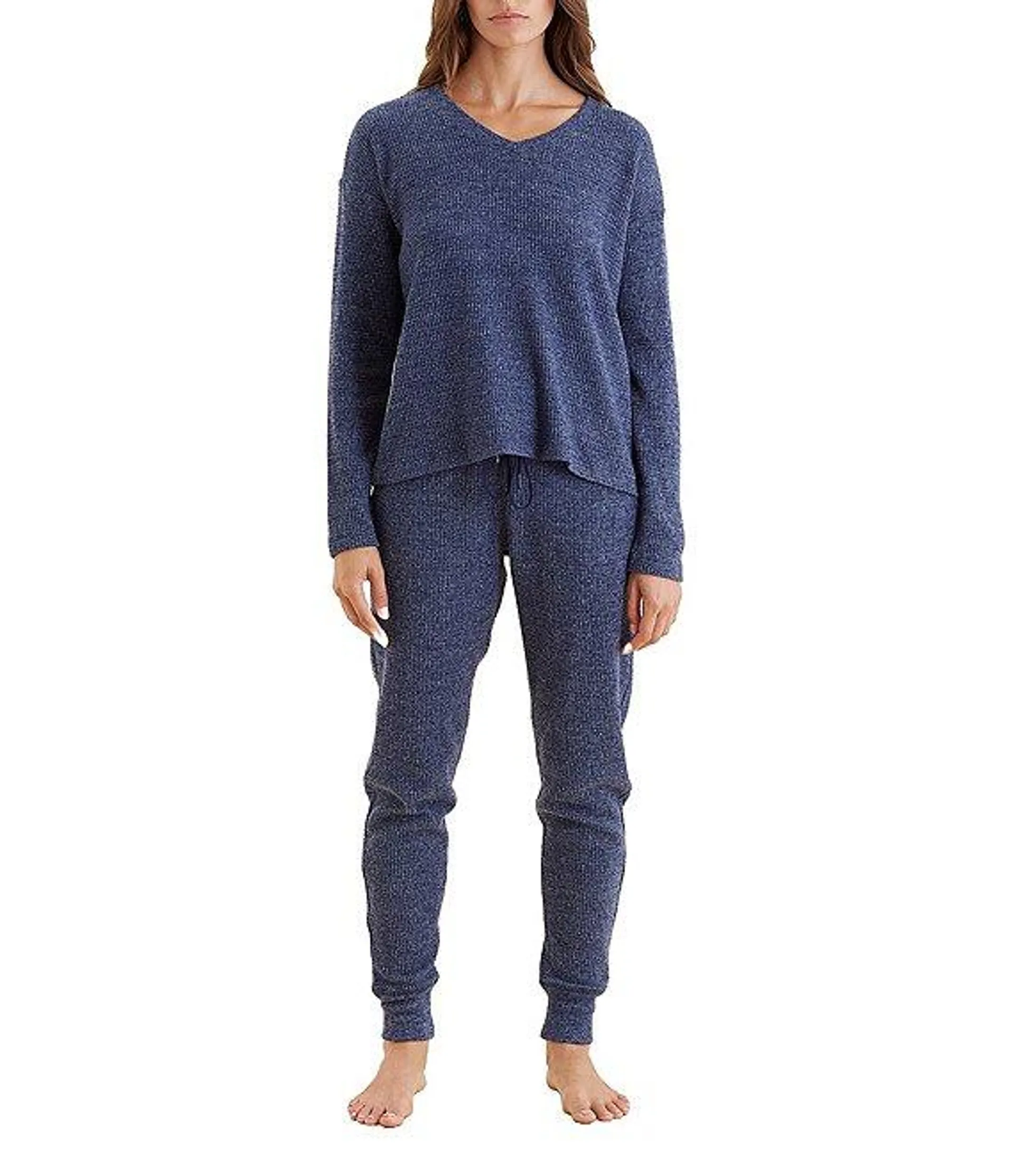 Waffle Textured Long Sleeve V-Neck Knit Lounge Set