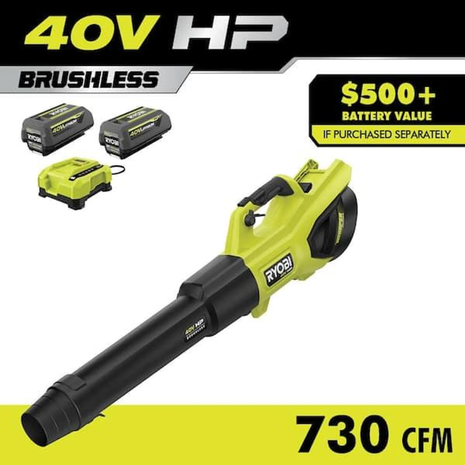 40V HP Brushless Whisper Series 190 MPH 730 CFM Cordless Battery Jet Fan Leaf Blower with (2) 4.0 Ah Batteries & Charger