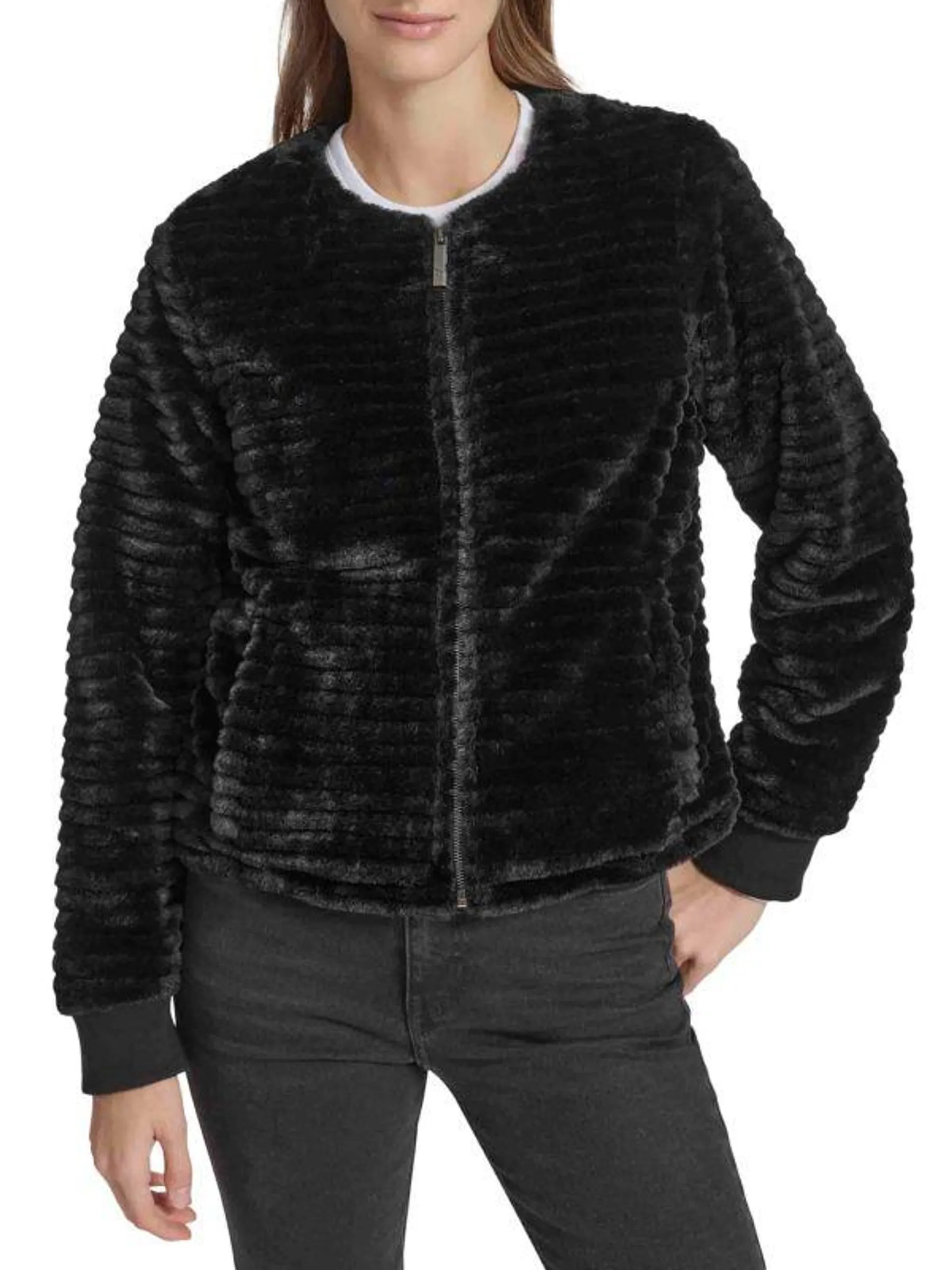 Faux-Mink Ribbed Collarless Jacket