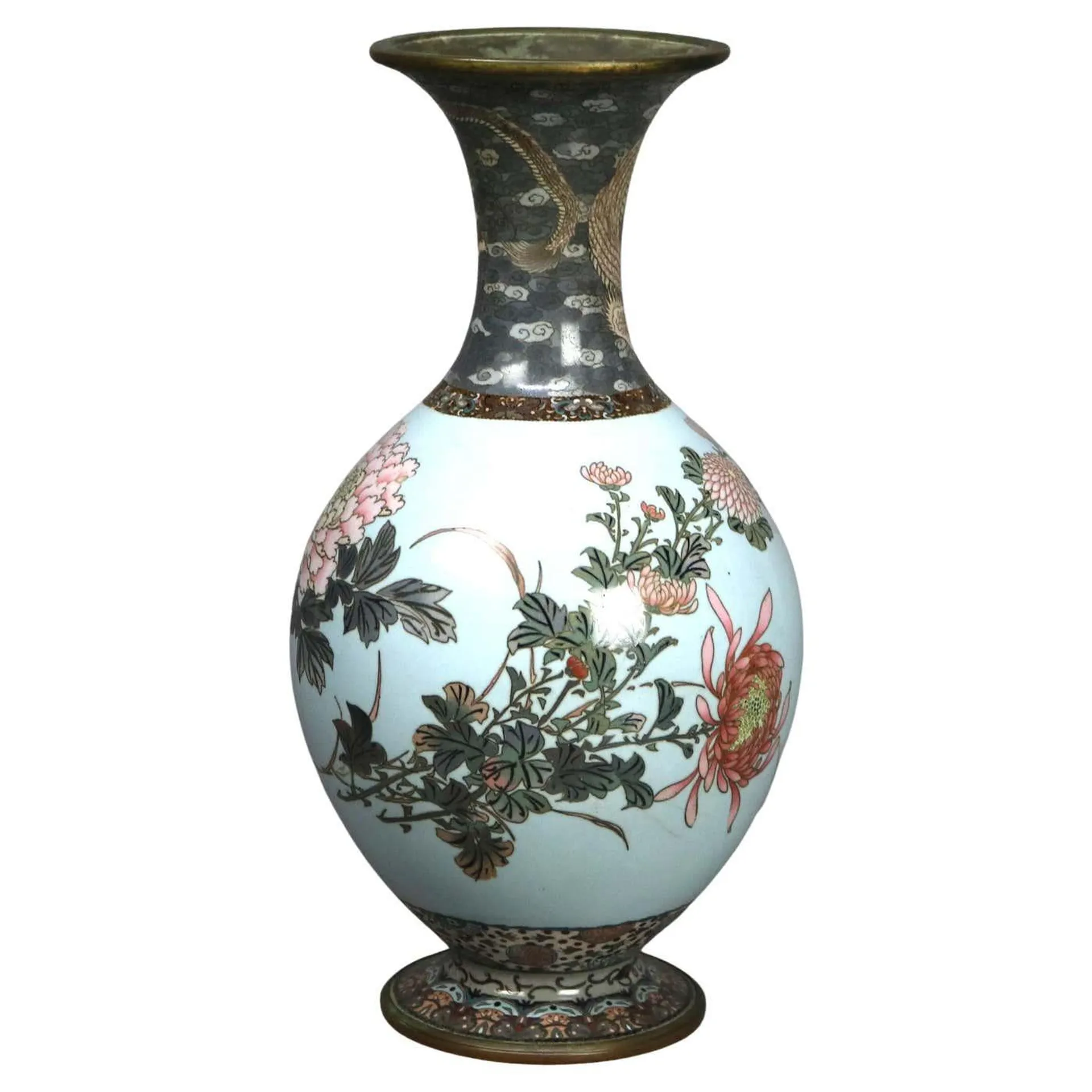 Antique Chinese Cloisonne Enameled Vase with Garden Scene C1920