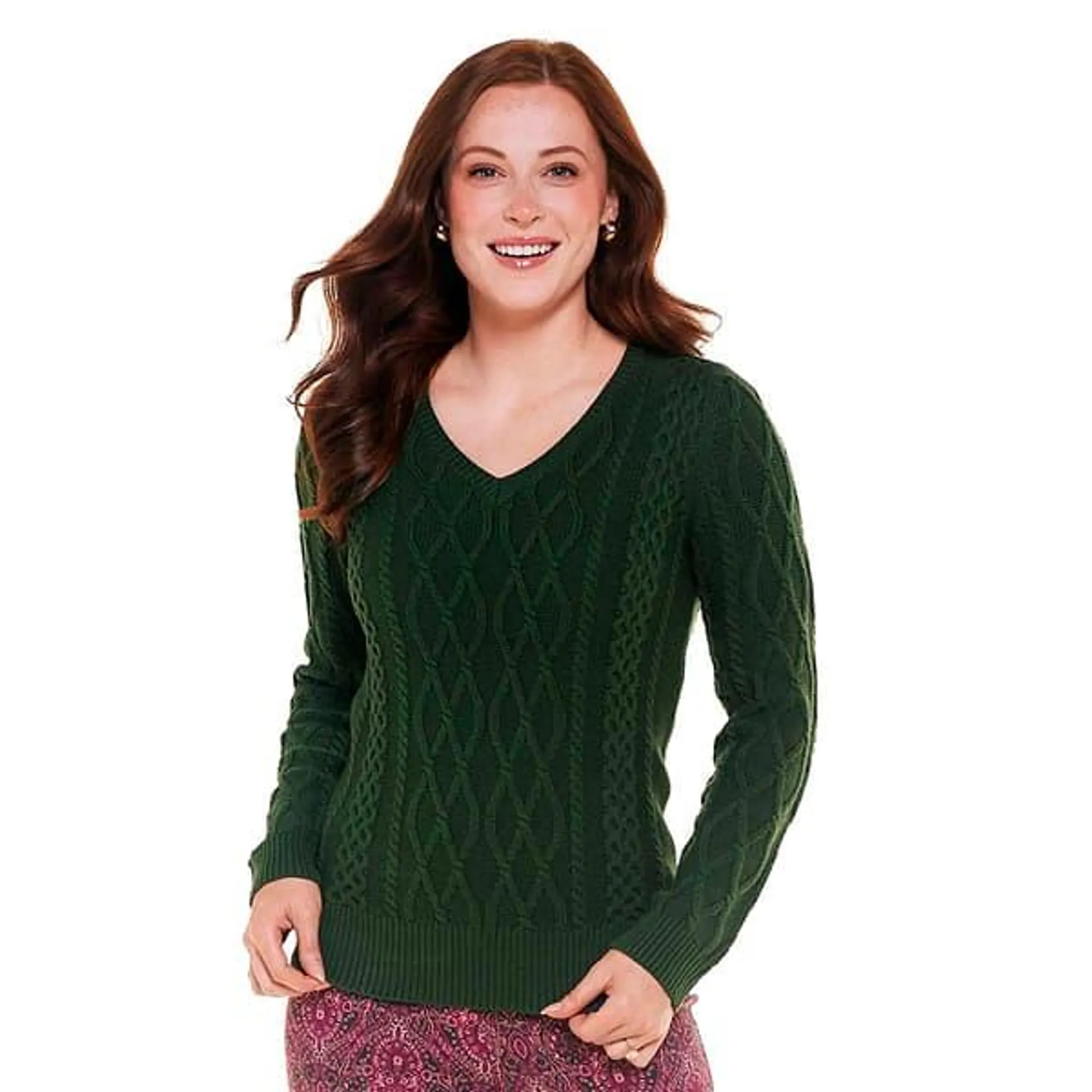 Womens Preswick & Moore® Solid Cable Knit V-Neck Sweater