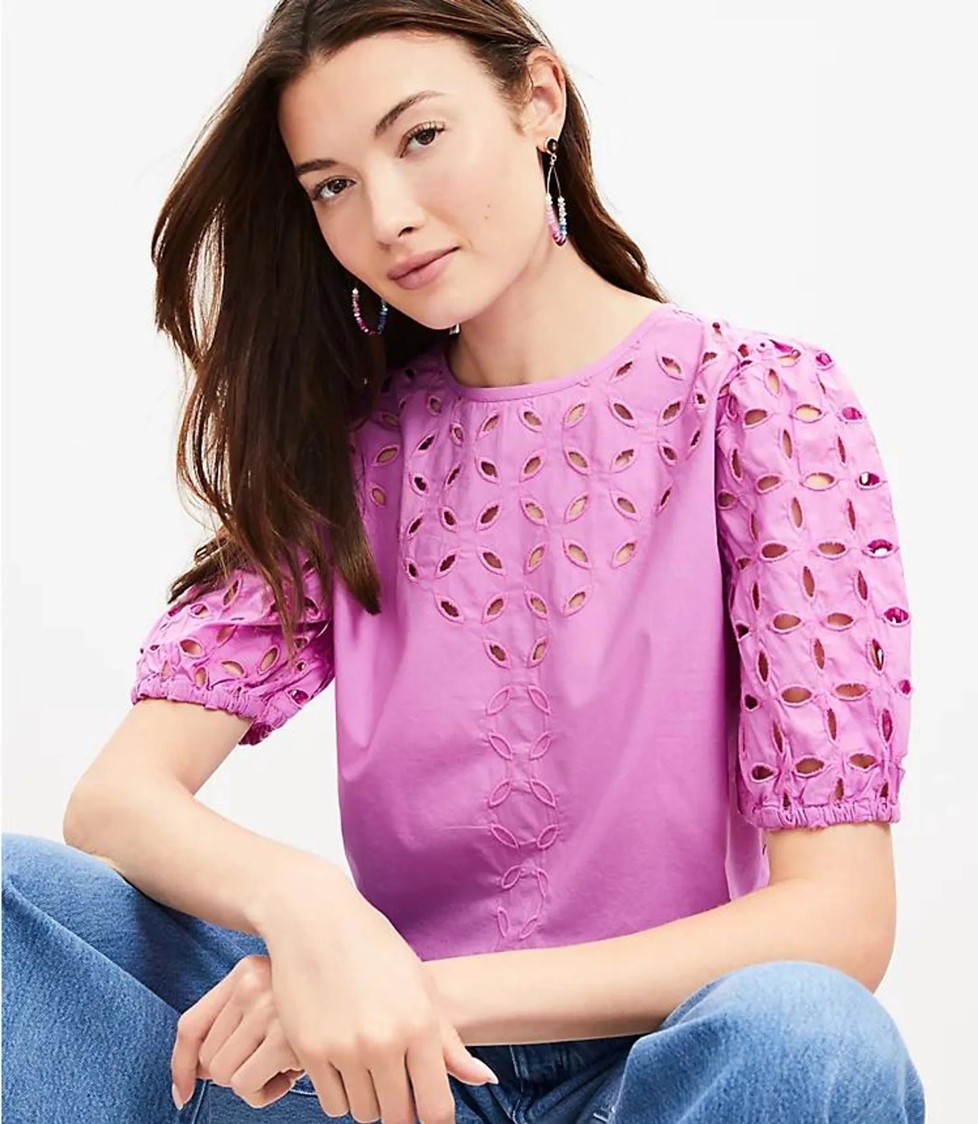 Poplin Eyelet Puff Sleeve Blouse