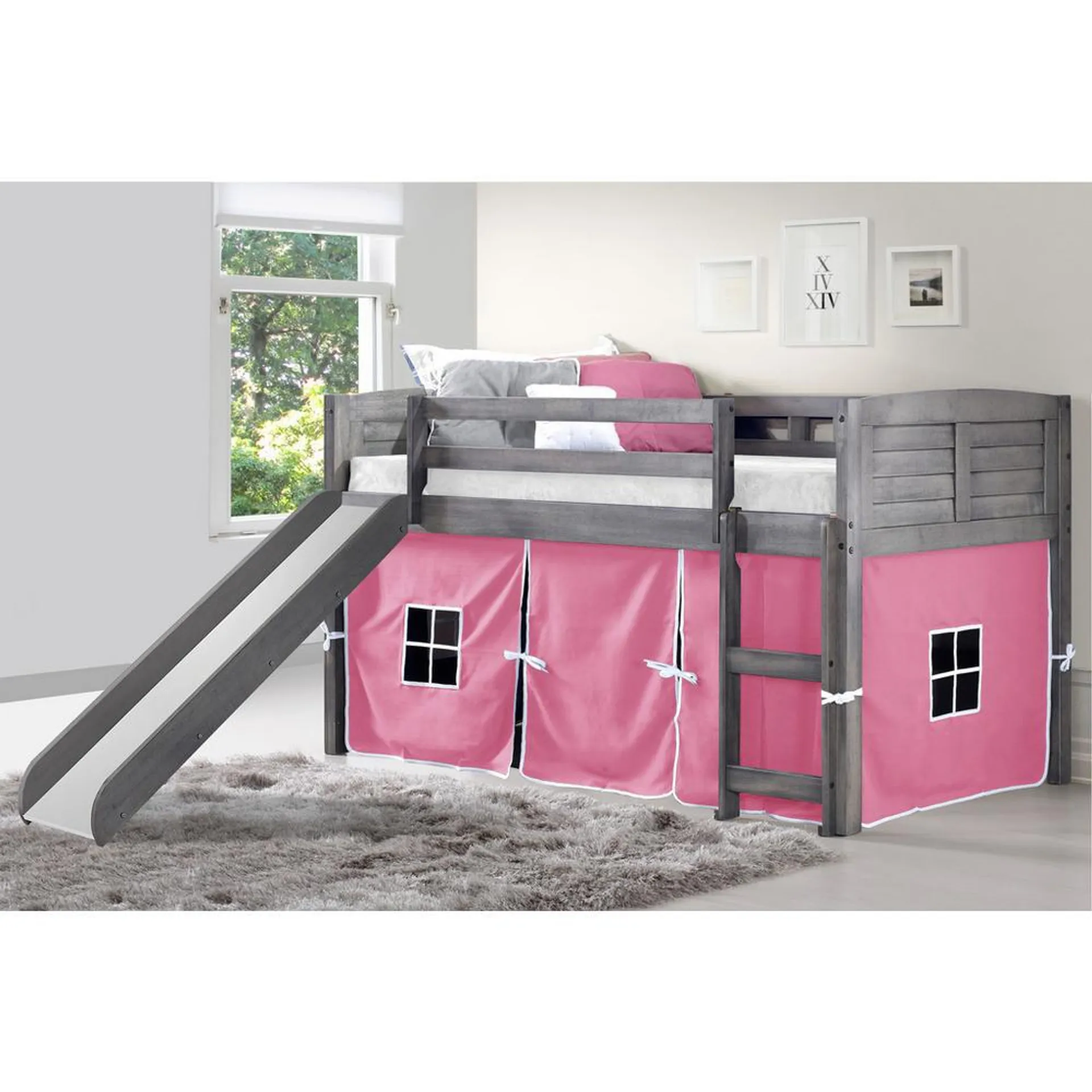 Low Loft Bed Antique Grey Pink Tent & Slide