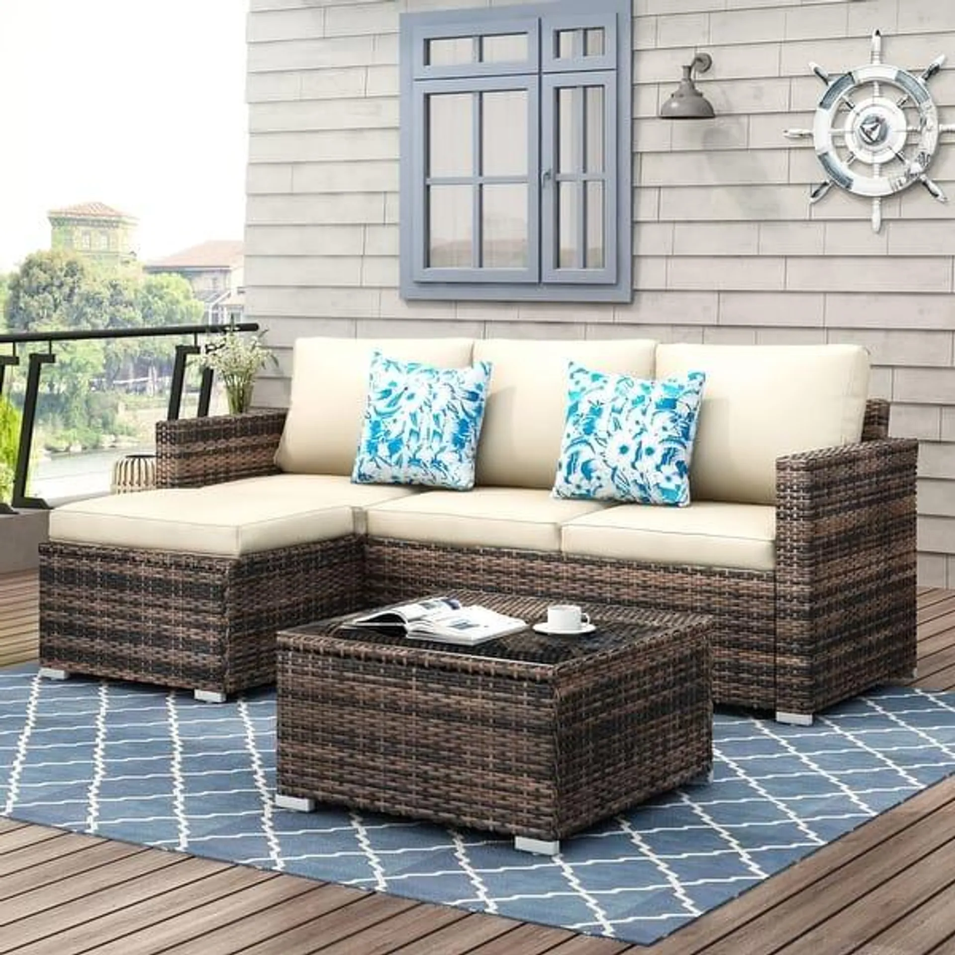 3-piece Patio Furniture Sets Resin Wicker Outdoor Sectional Sofa Chat Set - Brown/Beige