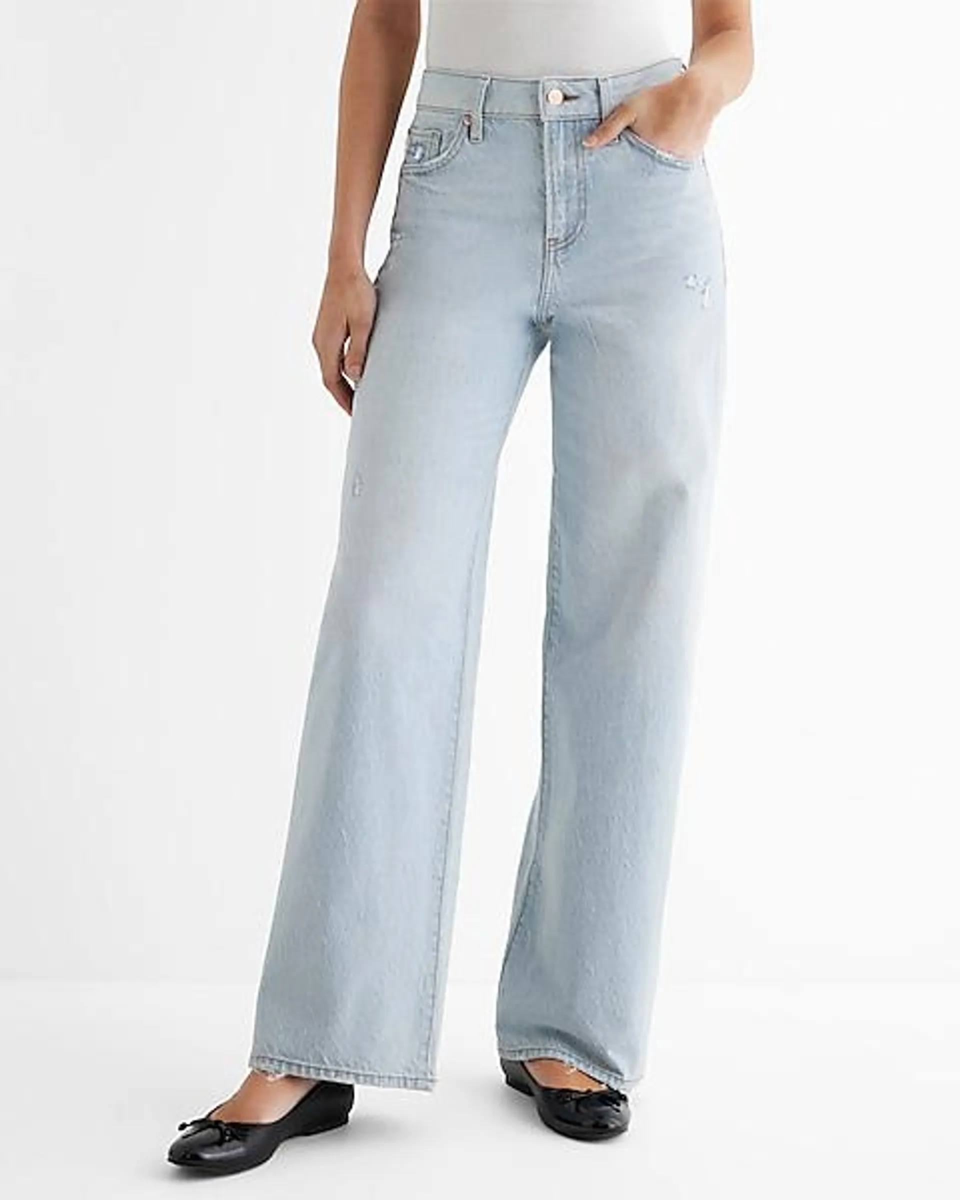 High Waisted Light Wash 50/50 Rigid Stretch Wide Leg Jeans