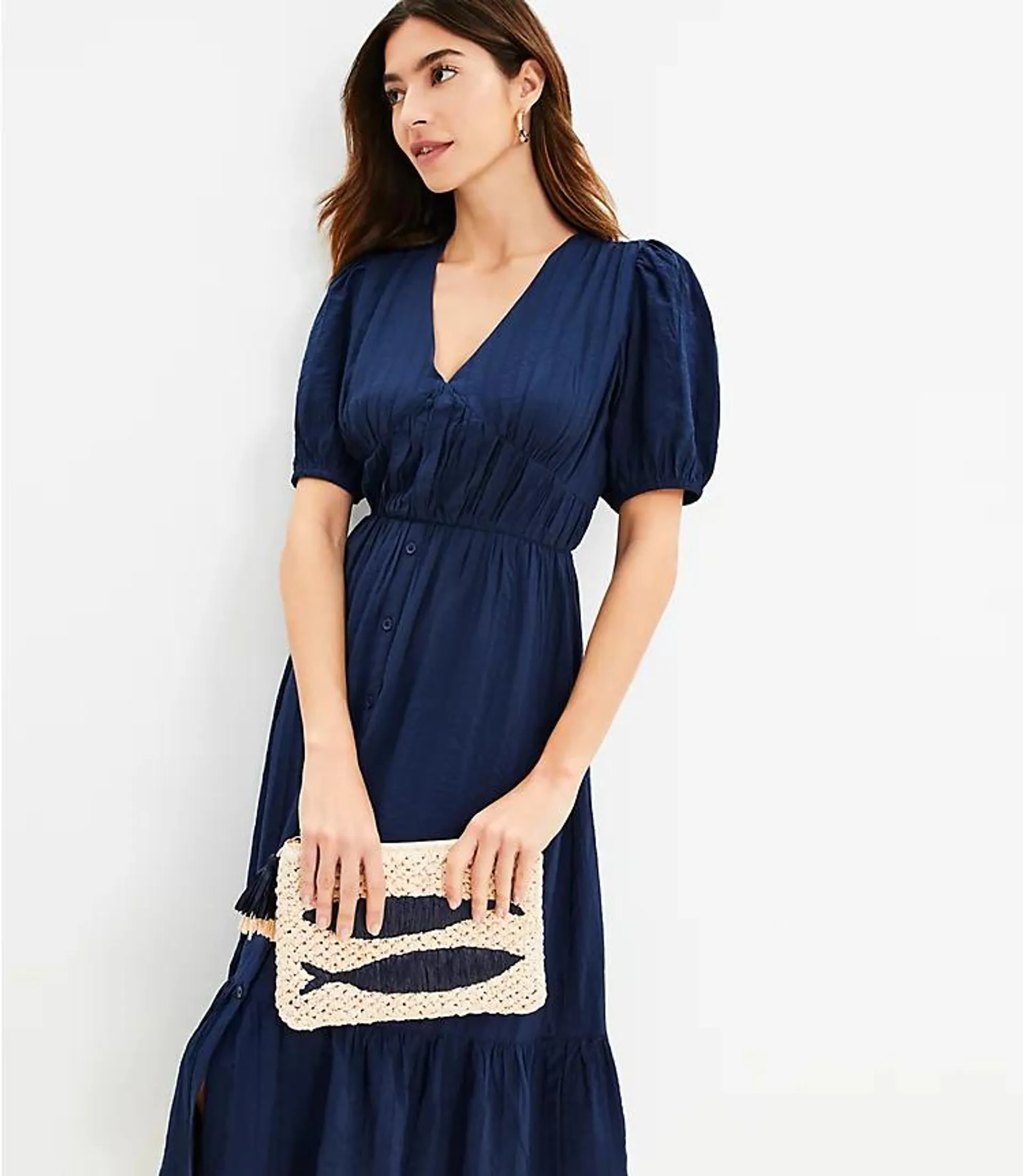 Textured Balloon Sleeve Flounce Midi Dress