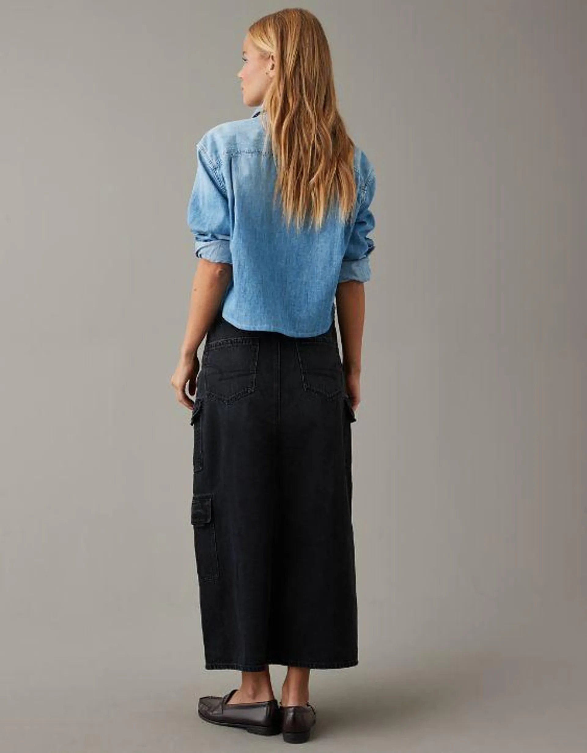 AE Low-Rise Denim Cargo Maxi Skirt