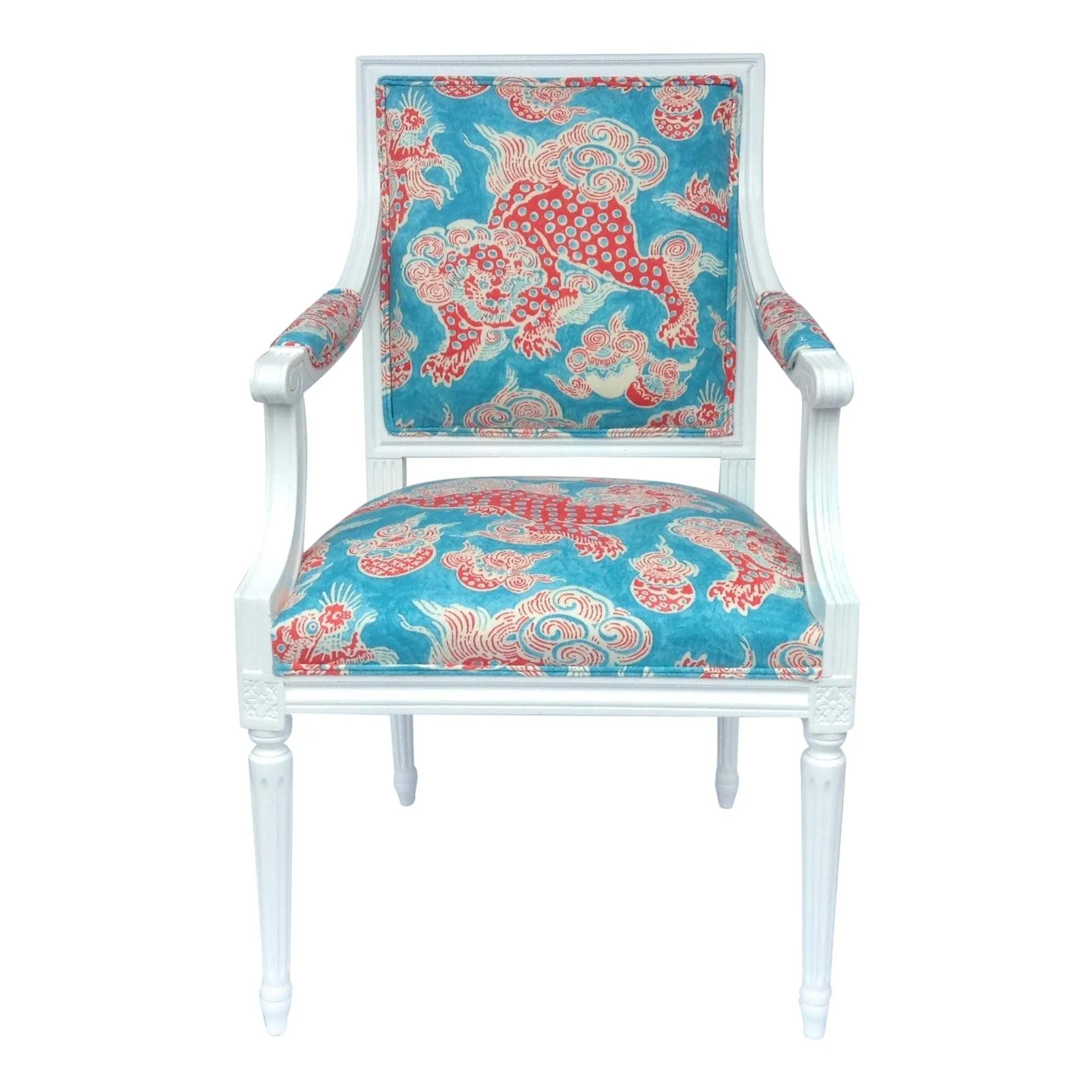 Vintage C1920's-30's French Neoclassical Kiln Dried Arm Chair Upholstered in Chinoiserie "Dragon Motif" Linen Textile