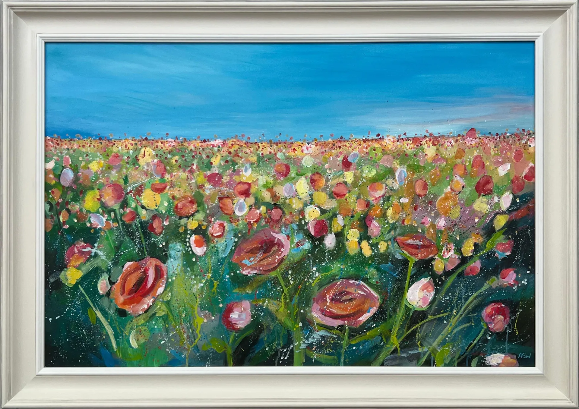 Angela Wakefield English Meadow Landscape with Wild Red Flowers by Contemporary British Artist 2023