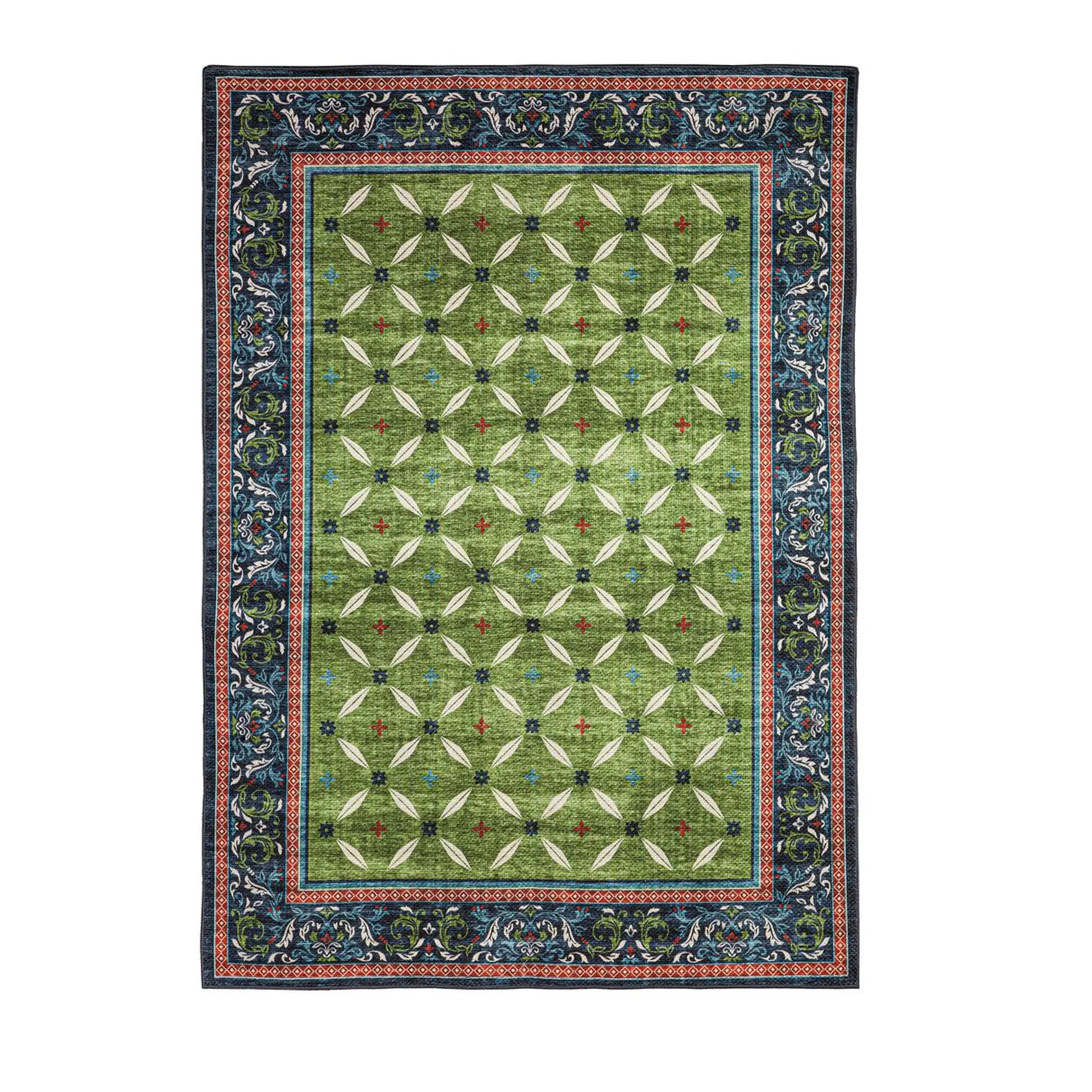 Indoor/Outdoor Machine Washable Green Border Printed Rug, 5' x 7'