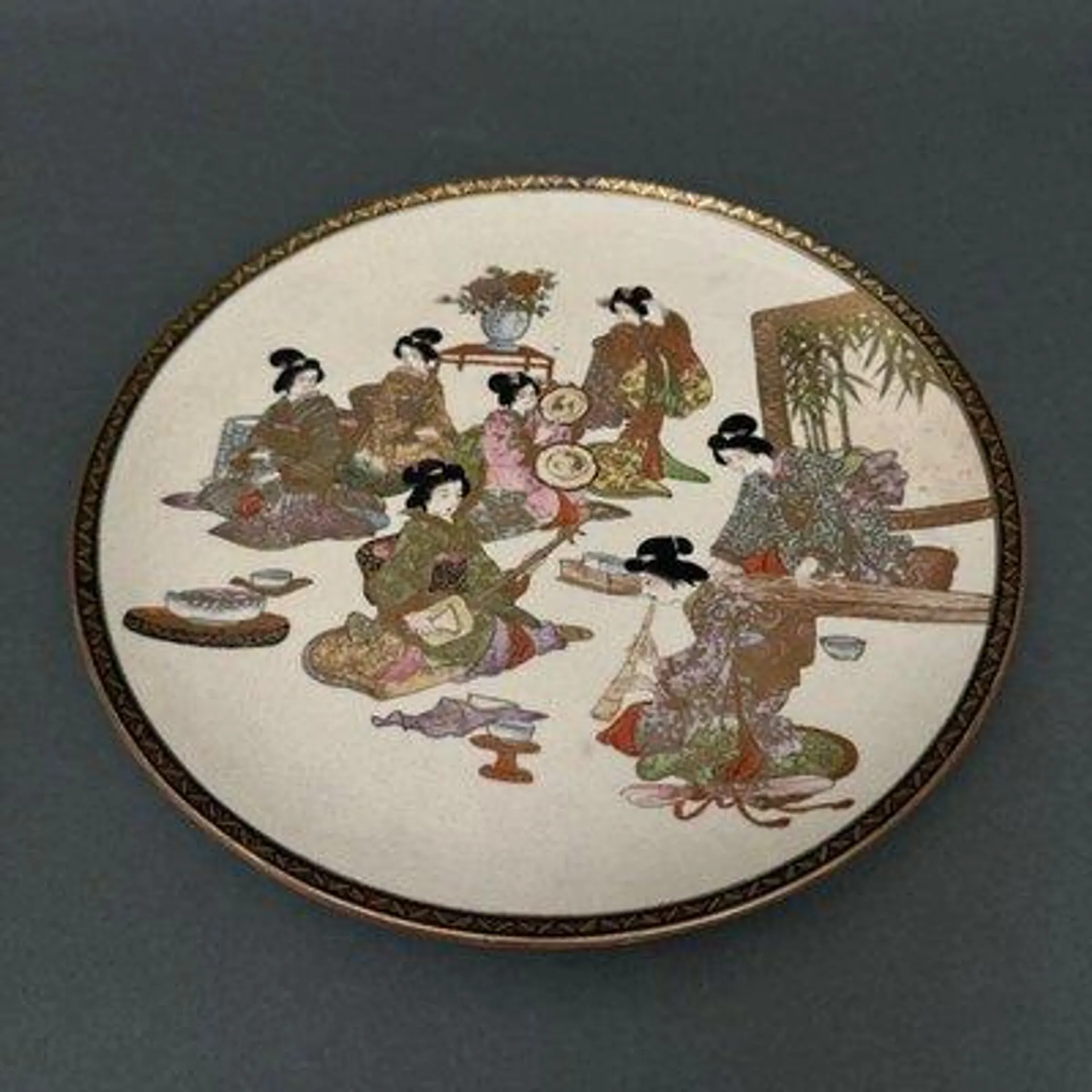 19th Century Satsuma Plate with Japanese Stamp Representing Geishas