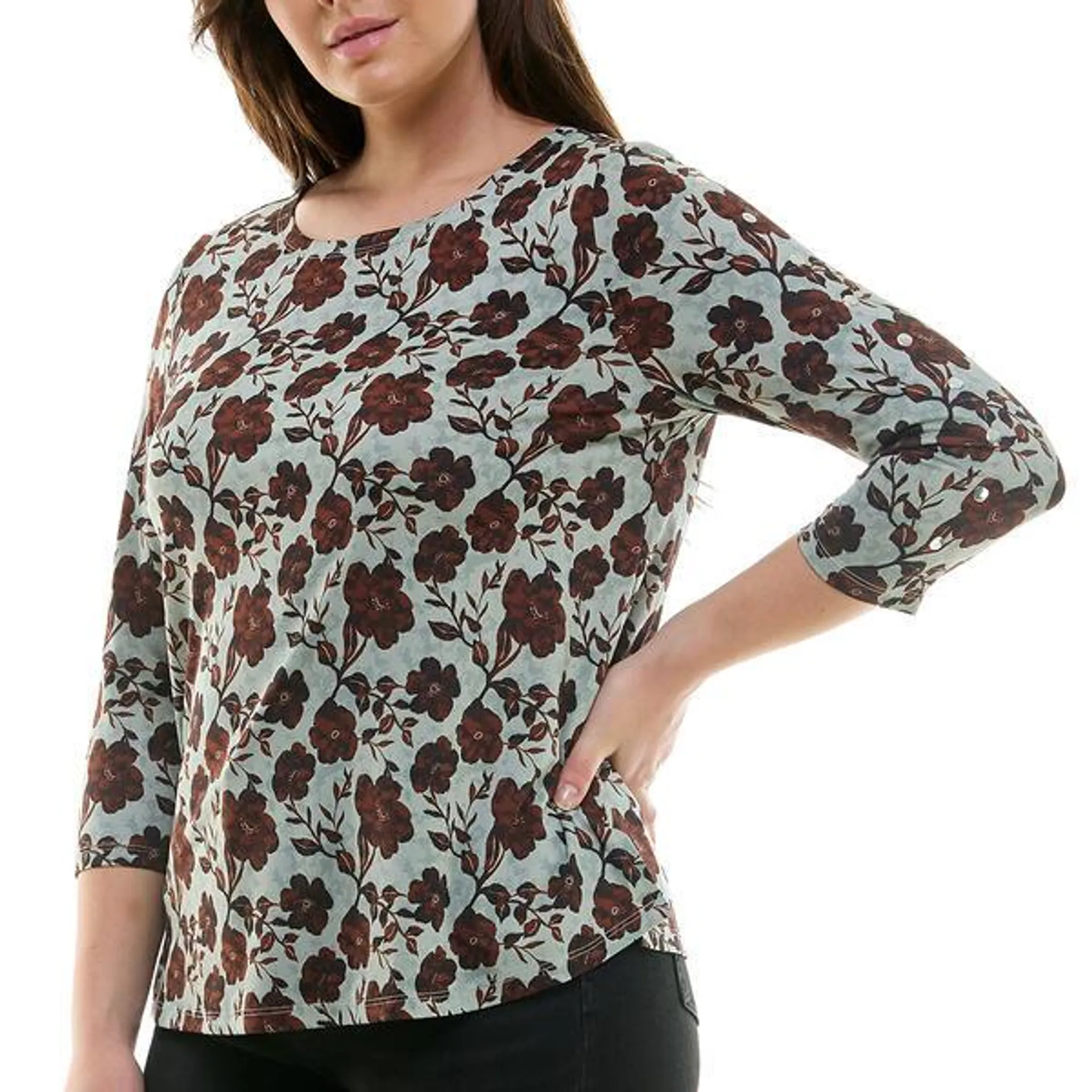 Womens Zac & Rachel 3/4 Sleeve Ditsy Floral Tee