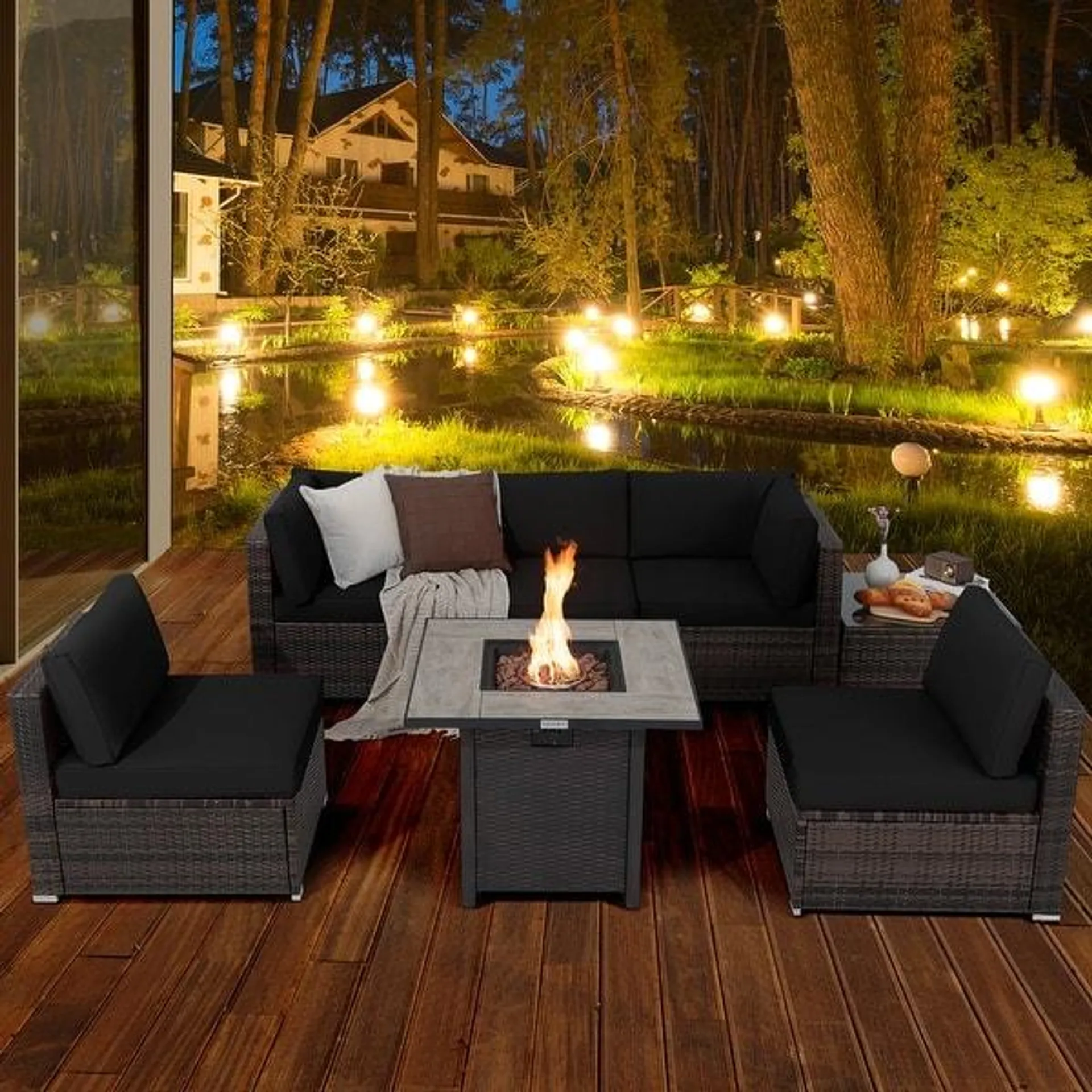 7 PCS Patio Furniture Set w/ Propane Fire Table Rattan Furniture Set