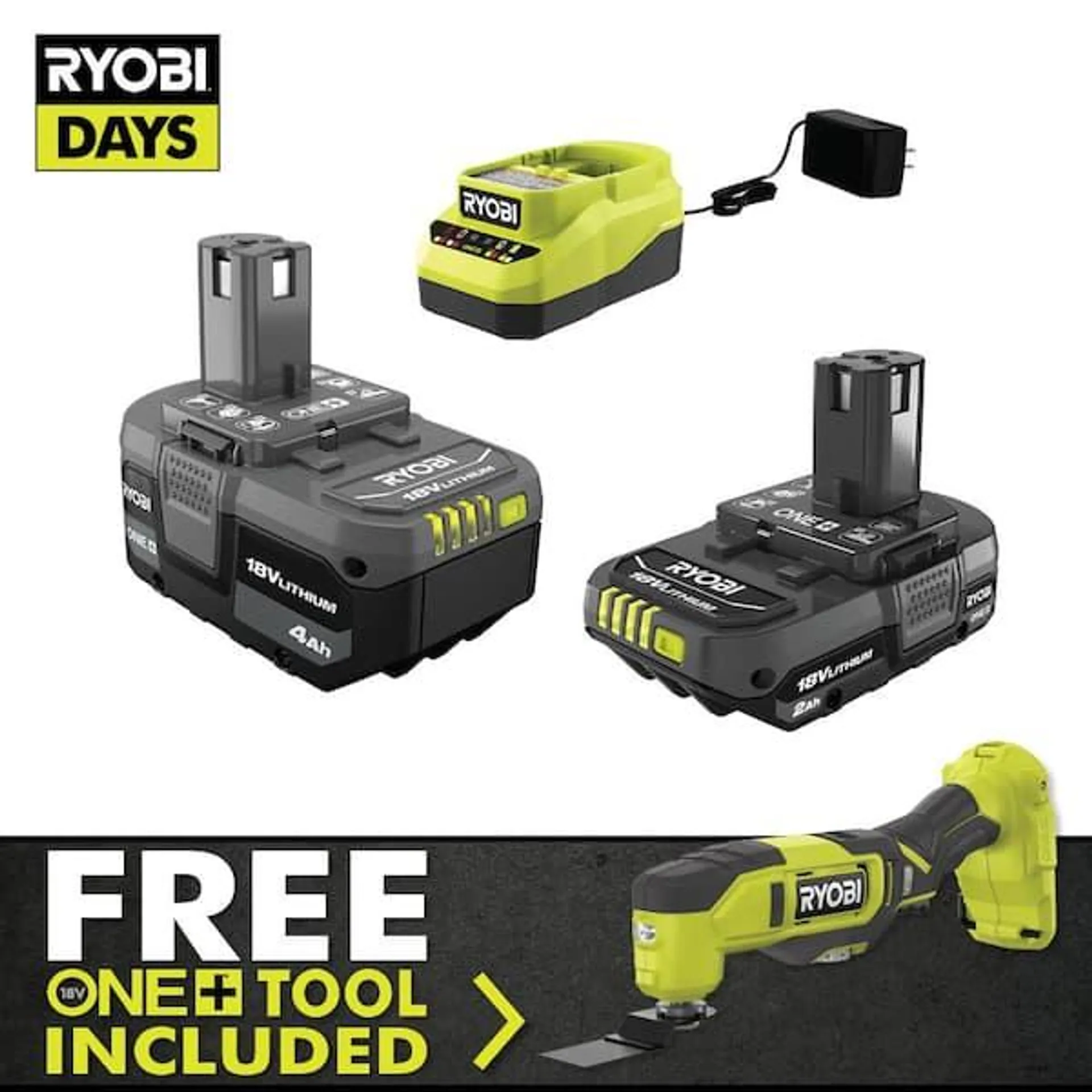 ONE+ 18V Lithium-Ion 4.0 Ah Battery, 2.0 Ah Battery, and Charger Kit with FREE ONE+ Cordless Multi-Tool