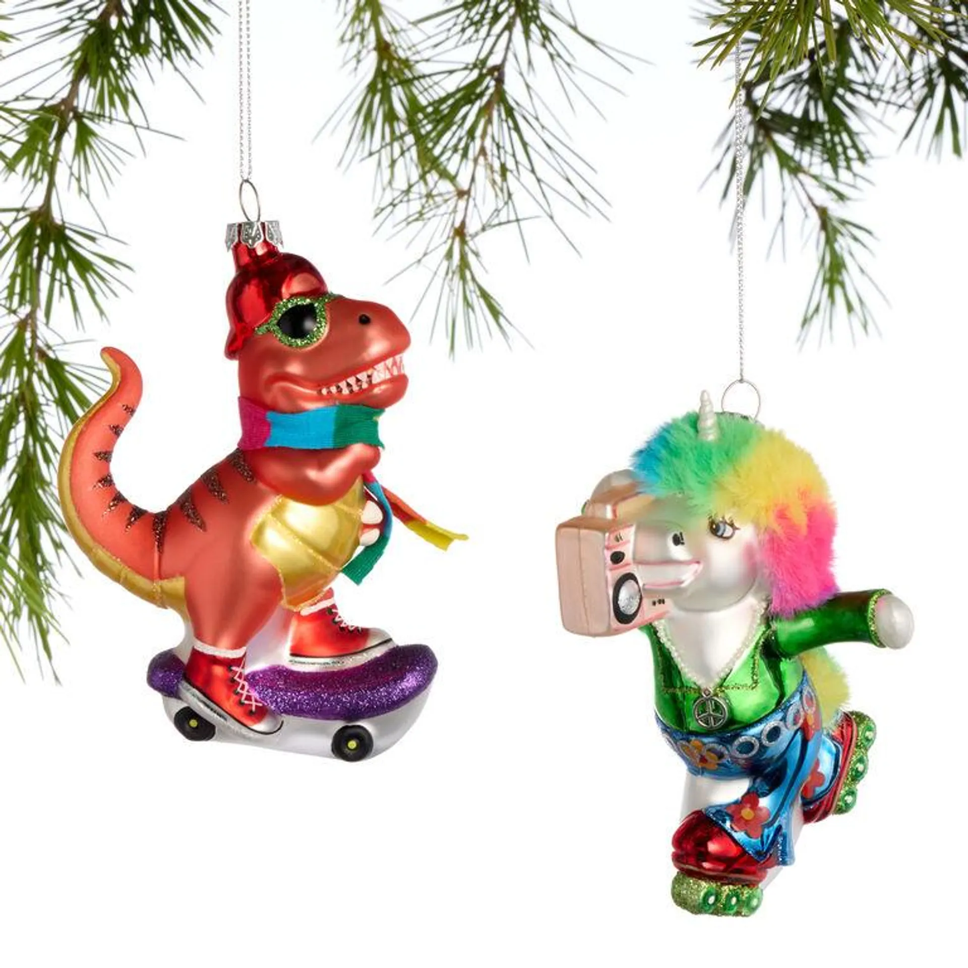 Glass Unicorn and Dinosaur Skater Ornaments Set of 2