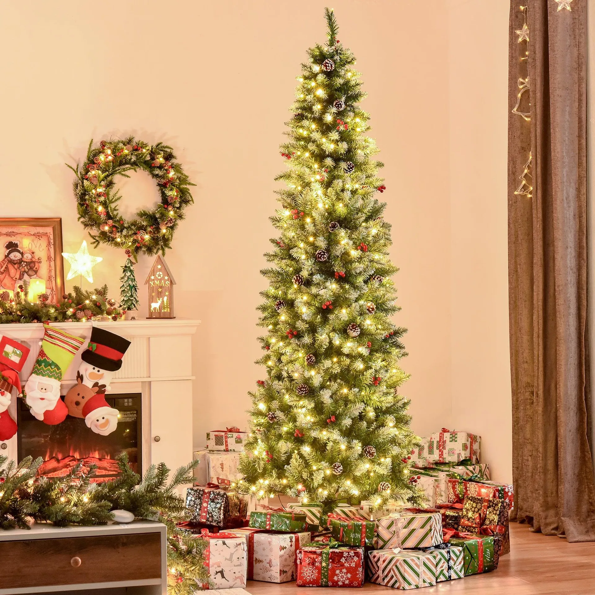 7.5ft Pre-Lit Snow-Dipped Christmas Tree, Pine Cones, Red Berries