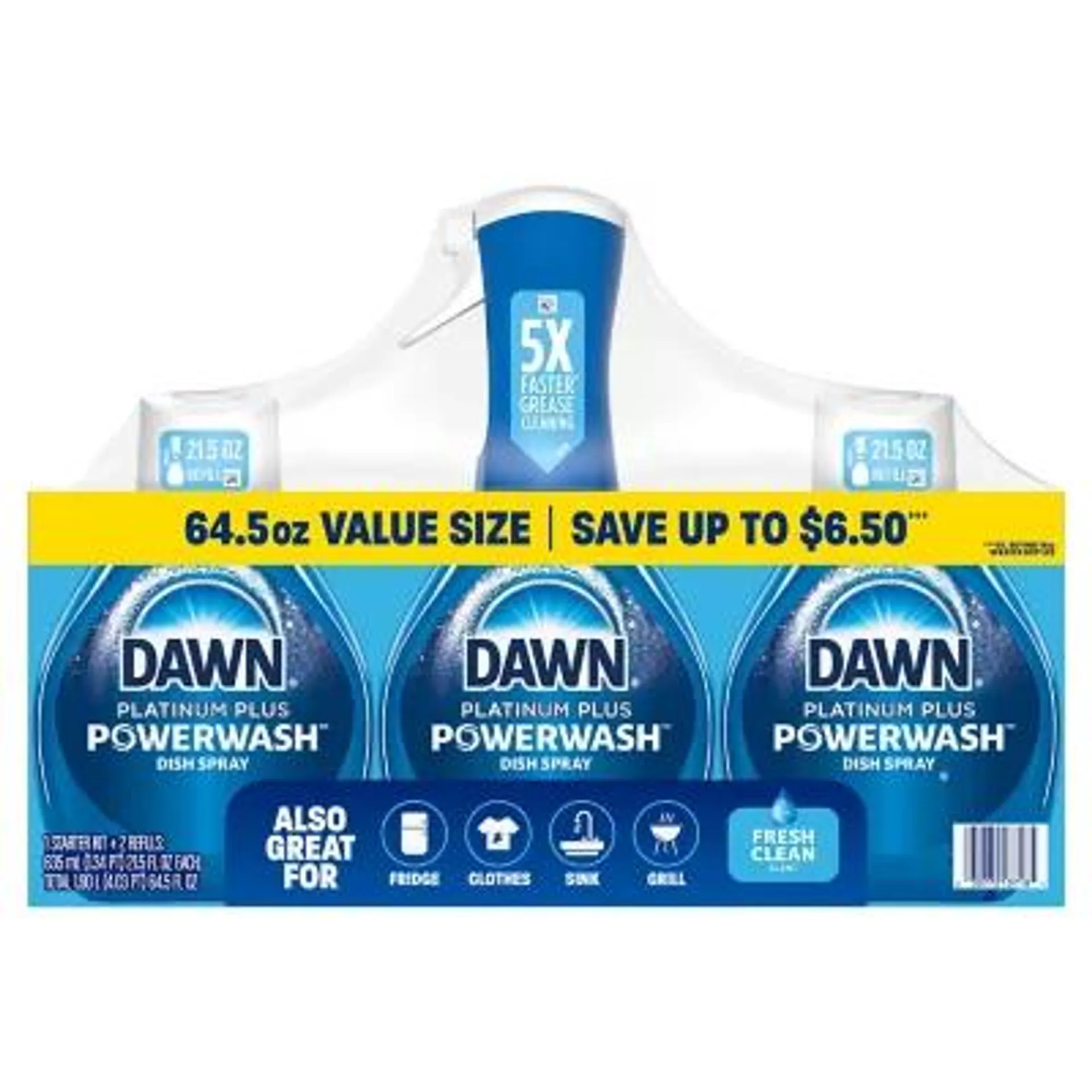 Dawn Platinum Plus Powerwash Dish Spray Bottle Set, Fresh Scent, 1 Spray Bottle + 2 Refills, 64.5 fl. oz.