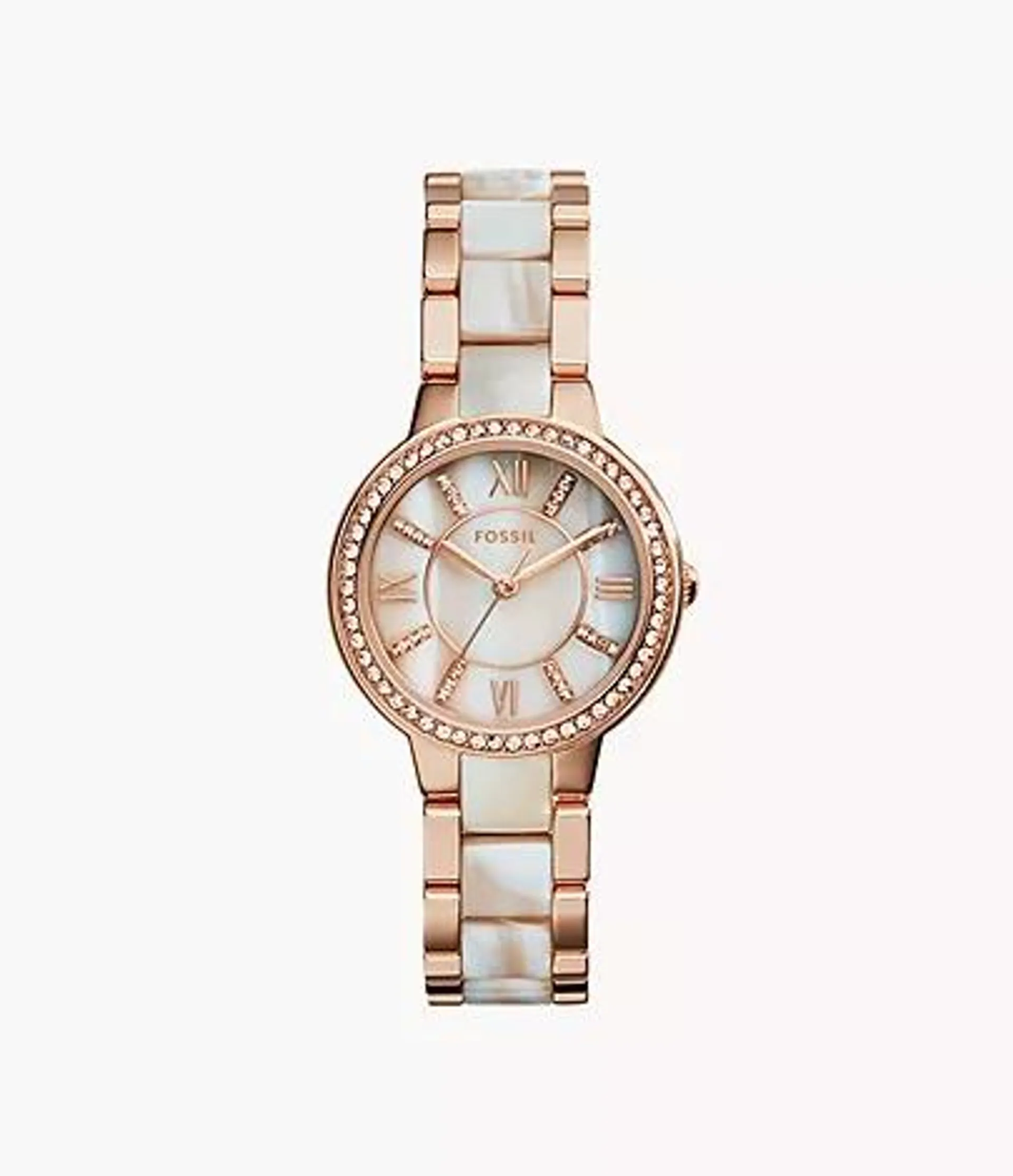 Virginia Three-Hand Day-Date Rose Gold-Tone and Horn Acetate Stainless Steel Watch