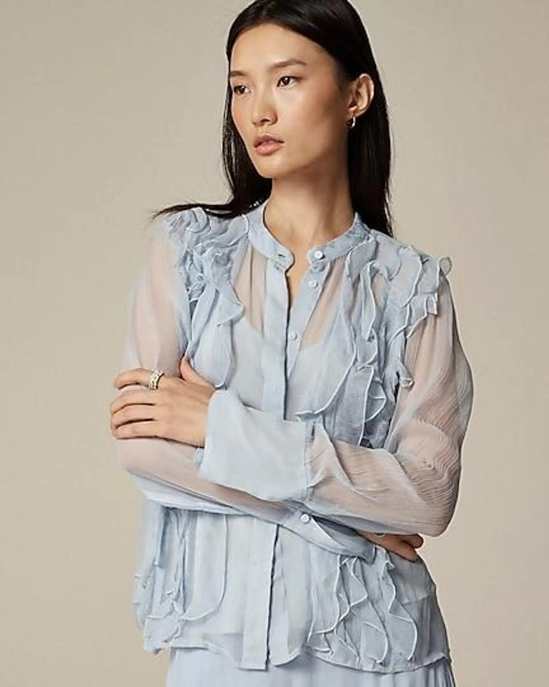 Ruffle-front top in crinkle cupro