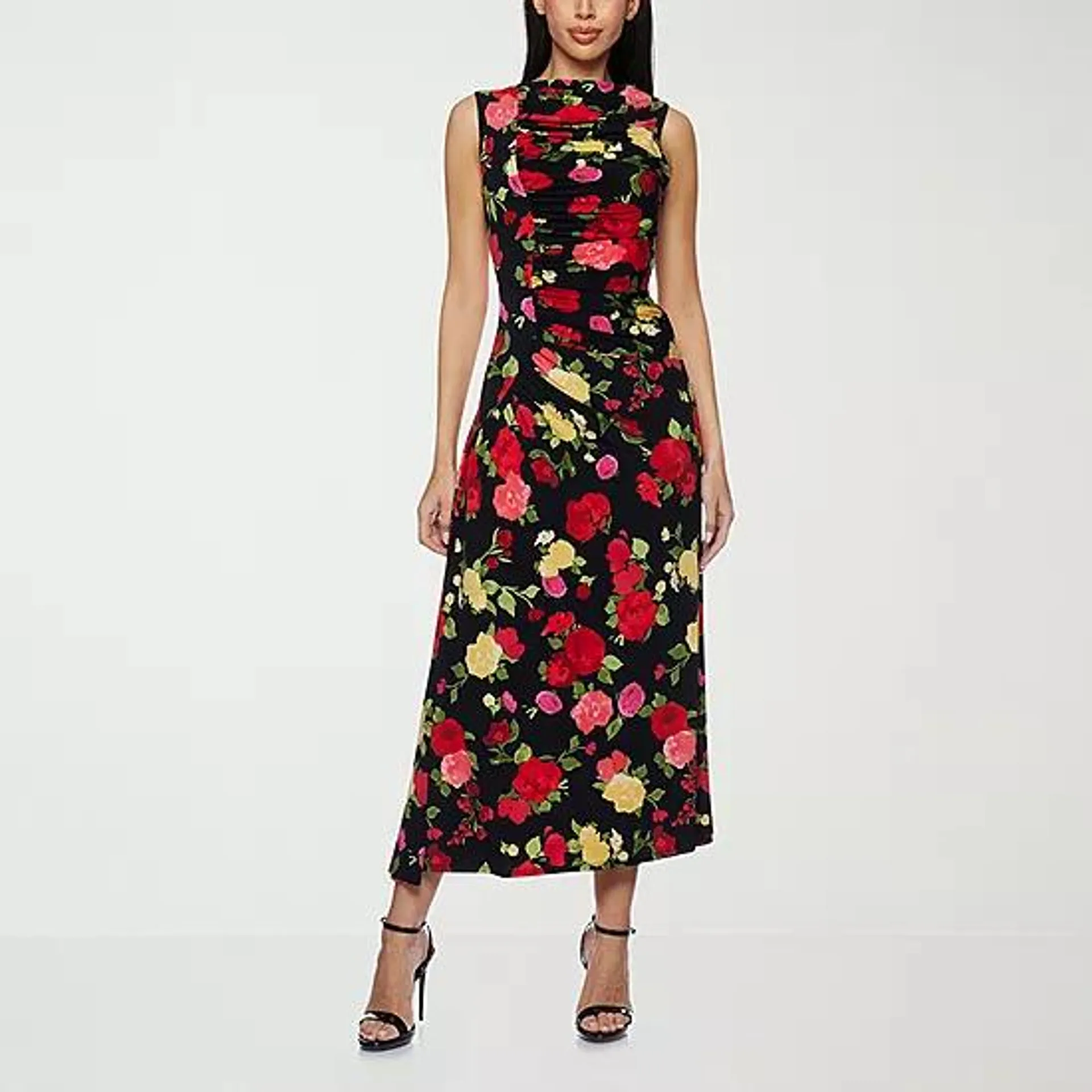 Premier Amour Womens Sleeveless Floral Midi Sheath Dress