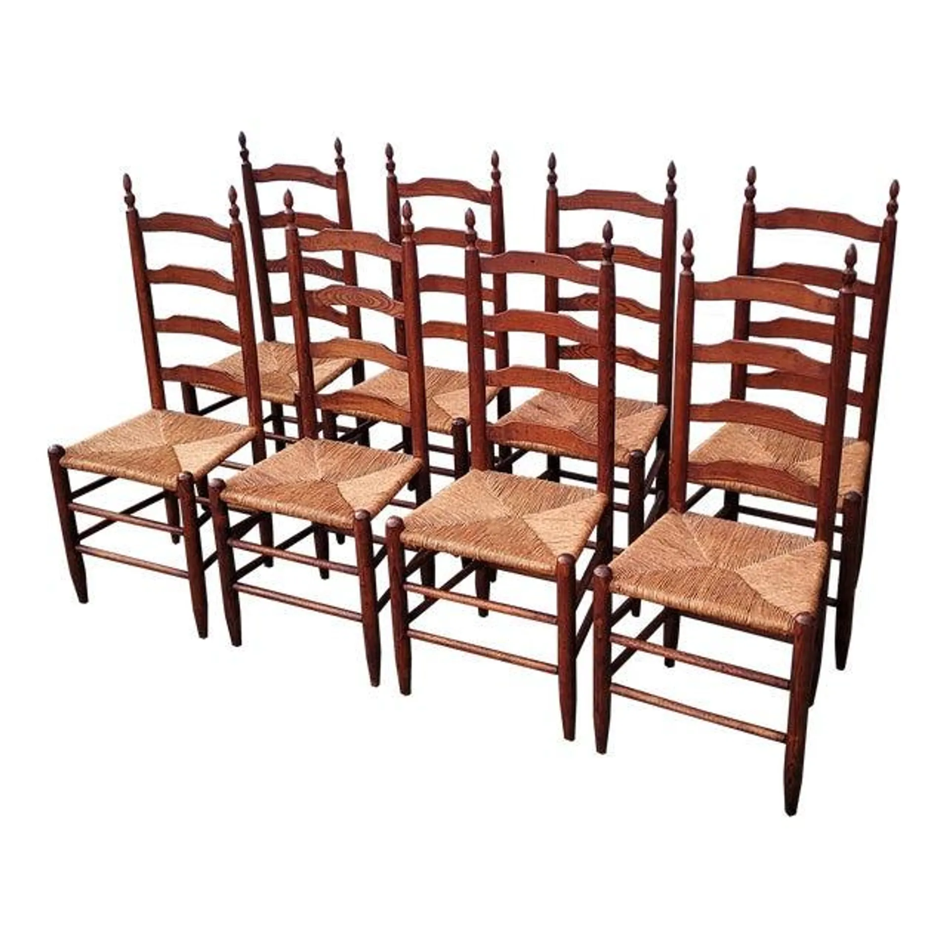 Early 20th Century American Solid Oak Ladder Back Rush Seat Dining Side Chairs- Set of 8